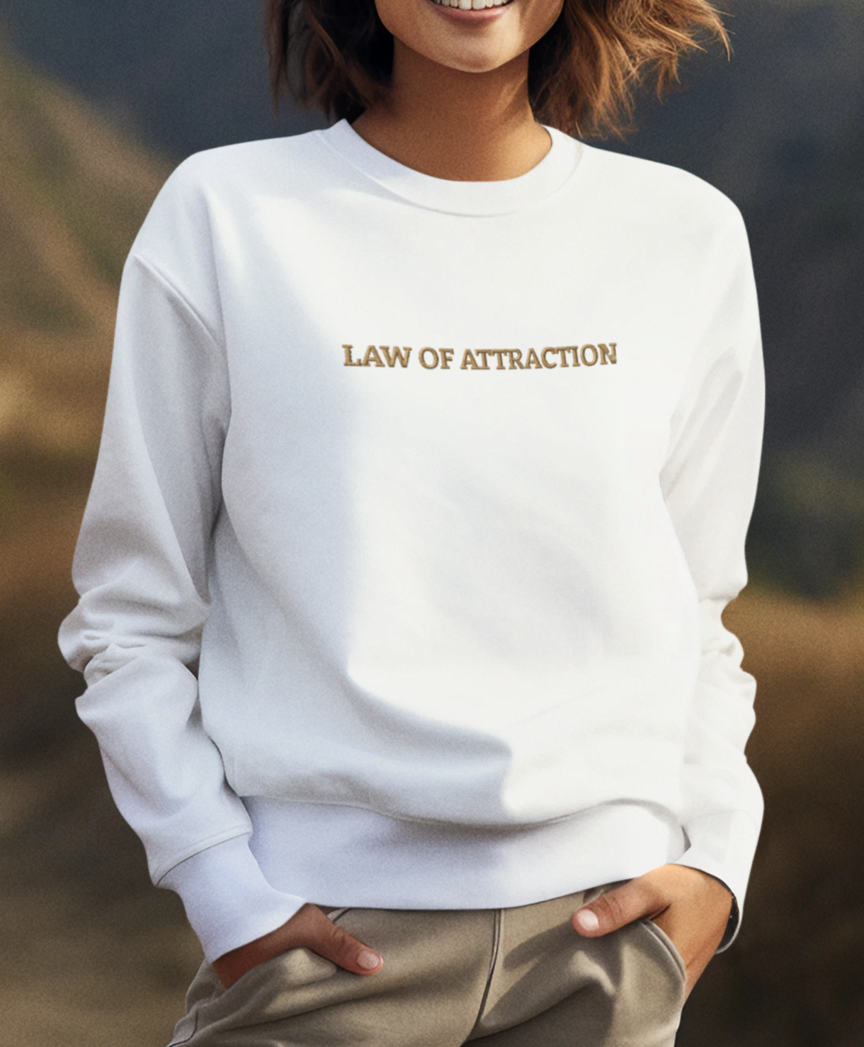 "LAW OF ATTRACTION" Design With Gold Embroidered Text. Classic Unisex Crewneck Sweatshirt  Premium Quality Original Clothing. Wear Your Motivation.