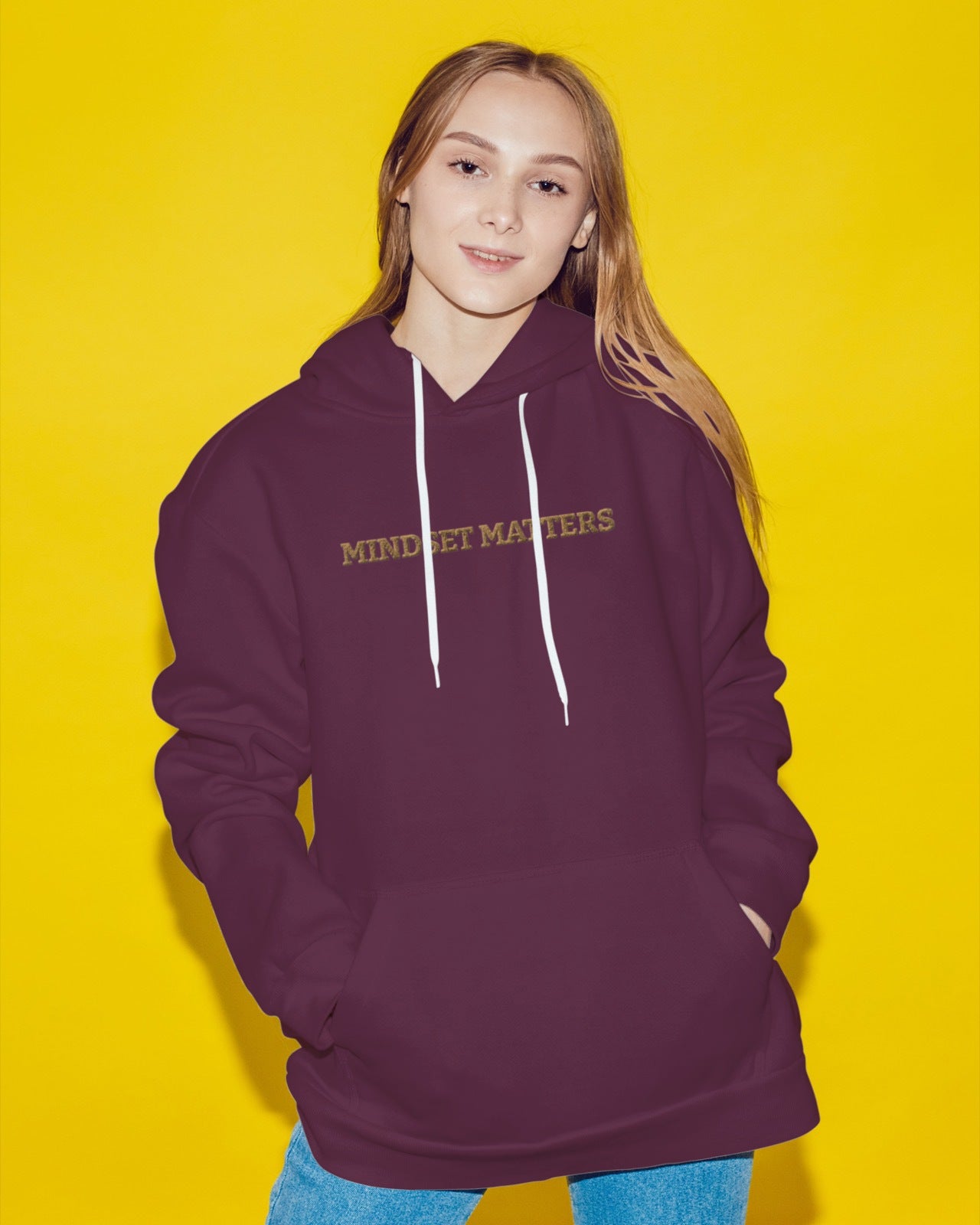 "MINDSET MATTERS" Design With Gold Embroidered Text. Classic Unisex Pullover Hoodie Premium Quality Original Clothing. Wear Your Motivation