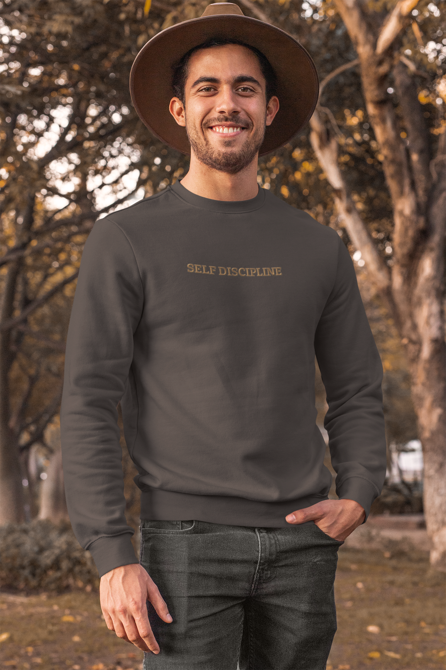 "SELF DISCIPLINE" Design With Gold Embroidered Text.Classic Unisex Crewneck Sweatshirt Premium Quality Original Clothing. Wear Your Motivation.