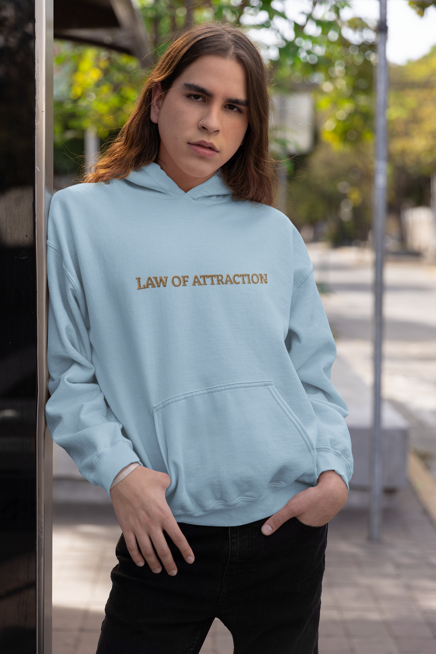 "LAW OF ATTRACTION" Design With Gold Embroidered Text. Classic Unisex Pullover Hoodie Premium Quality Original Clothing. Wear Your Motivation