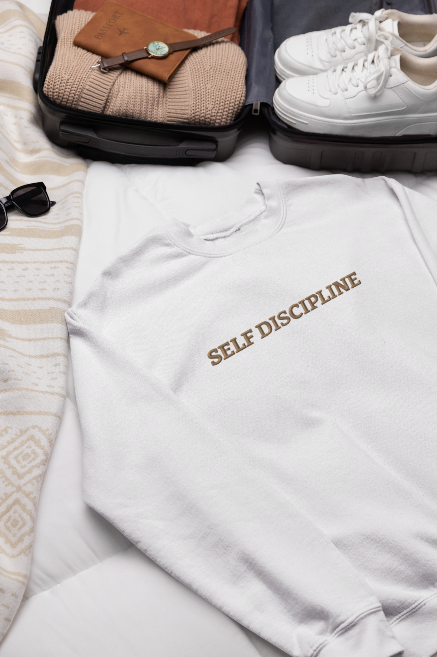 "SELF DISCIPLINE" Design With Gold Embroidered Text.Classic Unisex Crewneck Sweatshirt Premium Quality Original Clothing. Wear Your Motivation.