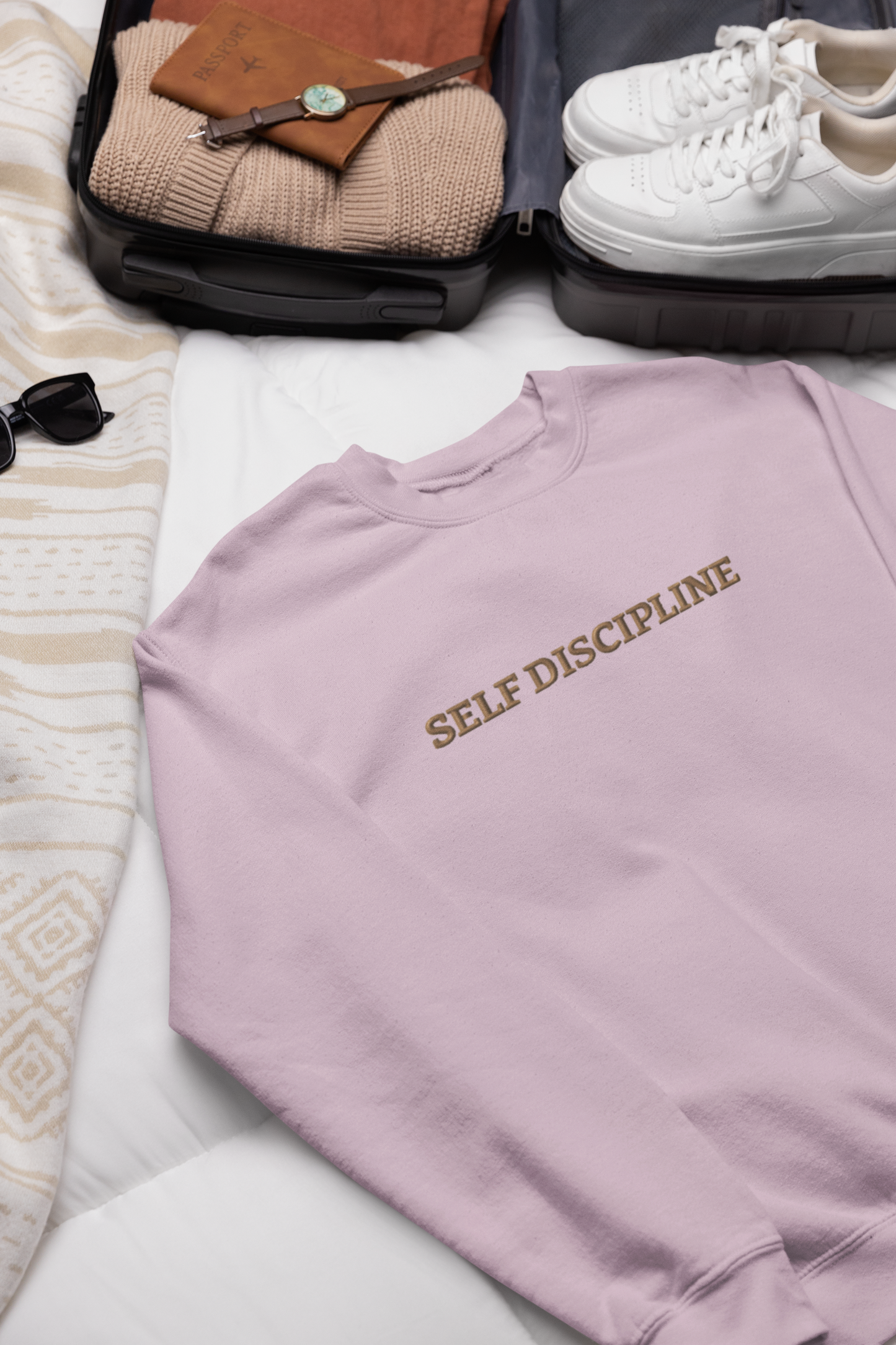 "SELF DISCIPLINE" Design With Gold Embroidered Text.Classic Unisex Crewneck Sweatshirt Premium Quality Original Clothing. Wear Your Motivation.