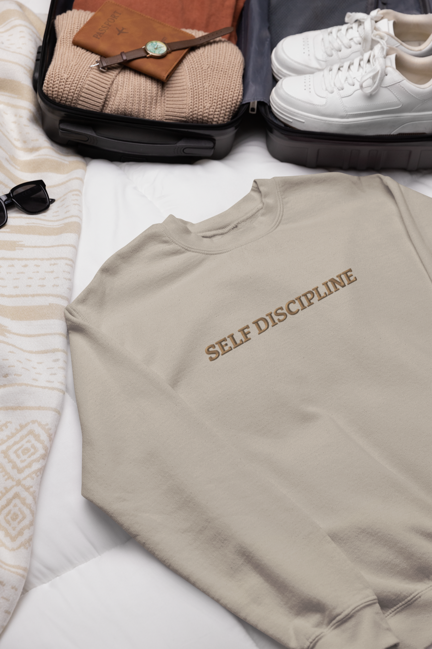 "SELF DISCIPLINE" Design With Gold Embroidered Text.Classic Unisex Crewneck Sweatshirt Premium Quality Original Clothing. Wear Your Motivation.