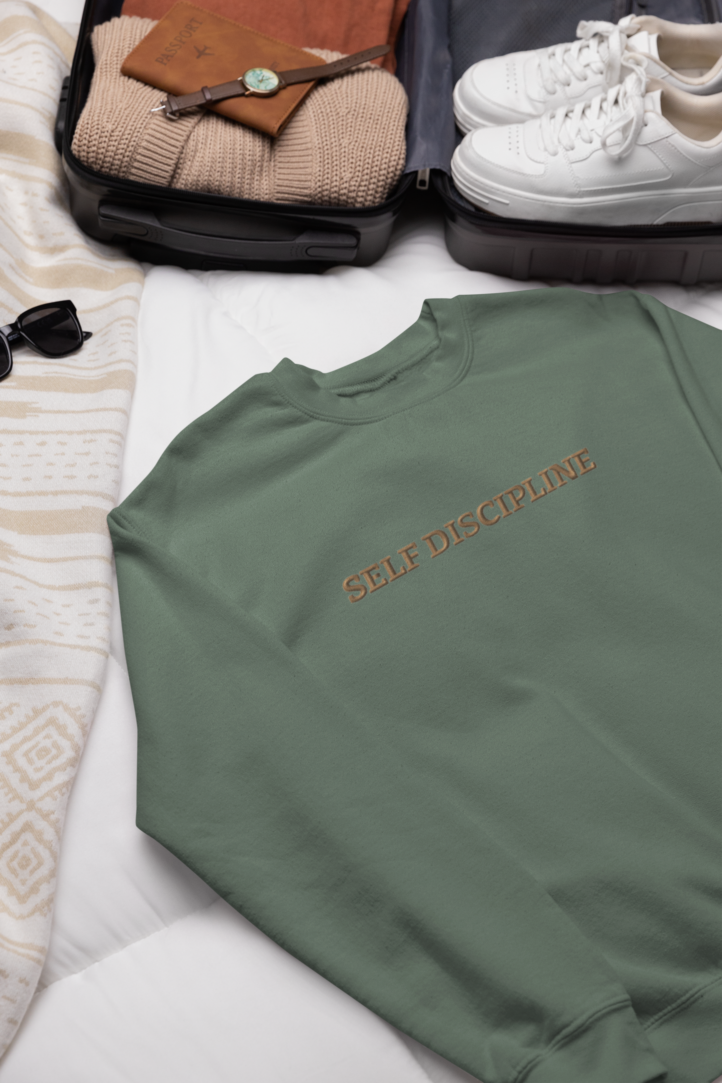 "SELF DISCIPLINE" Design With Gold Embroidered Text.Classic Unisex Crewneck Sweatshirt Premium Quality Original Clothing. Wear Your Motivation.