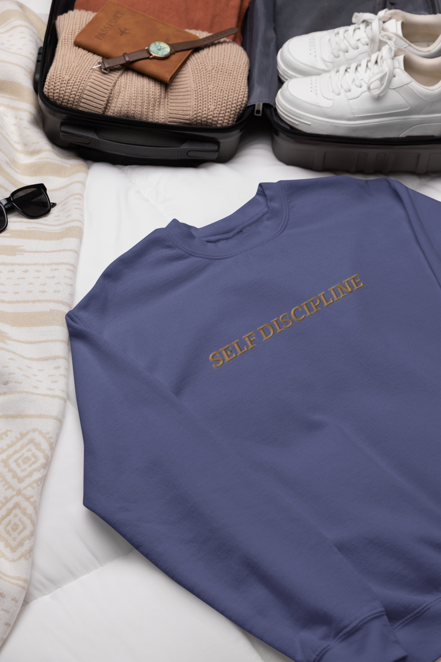 "SELF DISCIPLINE" Design With Gold Embroidered Text.Classic Unisex Crewneck Sweatshirt Premium Quality Original Clothing. Wear Your Motivation.