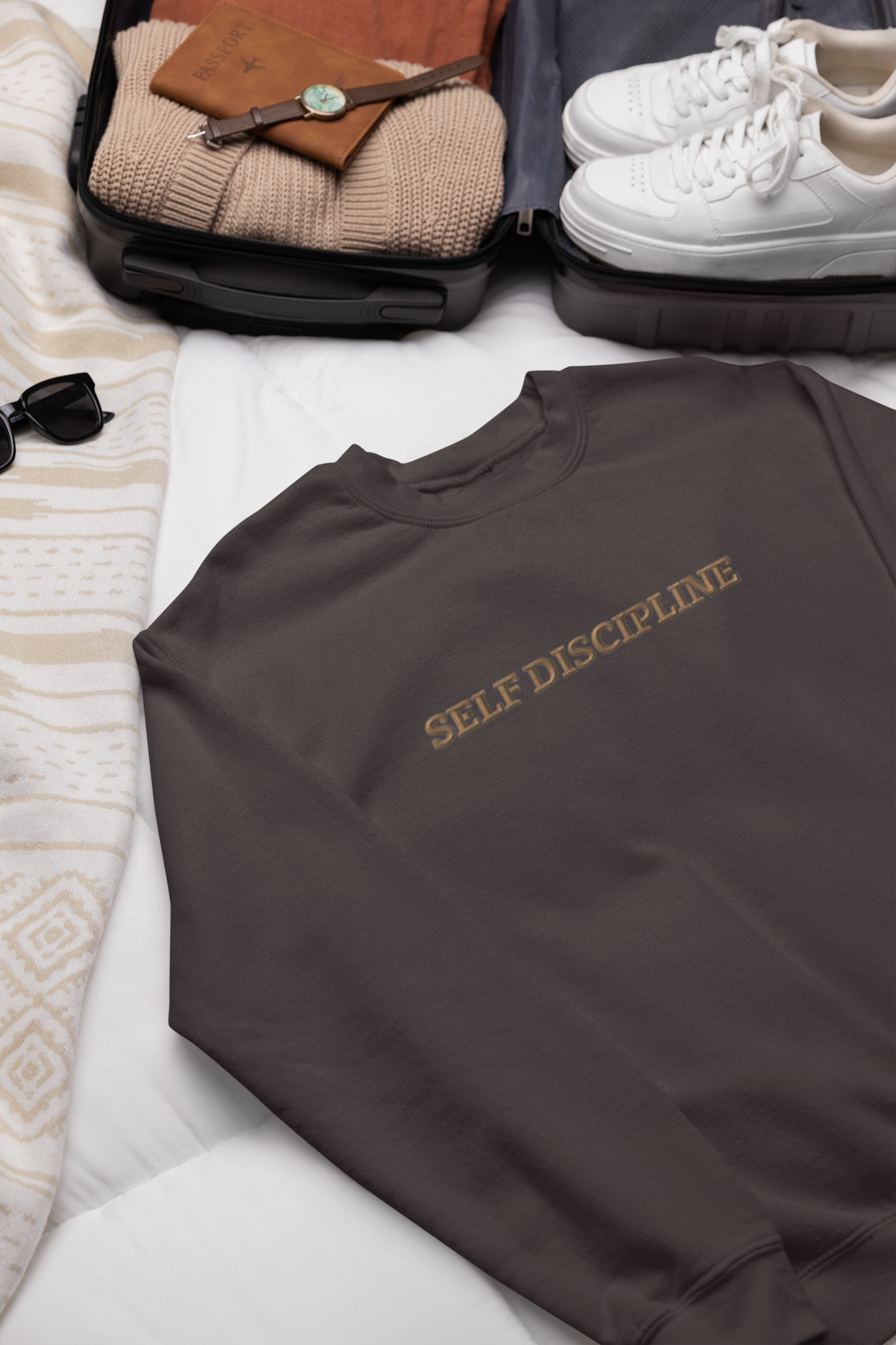 "SELF DISCIPLINE" Design With Gold Embroidered Text.Classic Unisex Crewneck Sweatshirt Premium Quality Original Clothing. Wear Your Motivation.