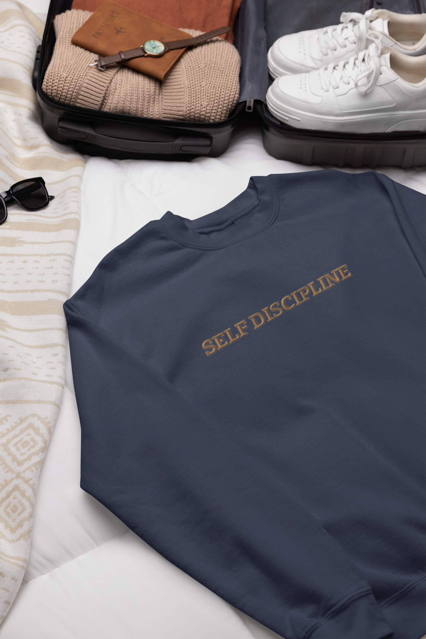 "SELF DISCIPLINE" Design With Gold Embroidered Text.Classic Unisex Crewneck Sweatshirt Premium Quality Original Clothing. Wear Your Motivation.