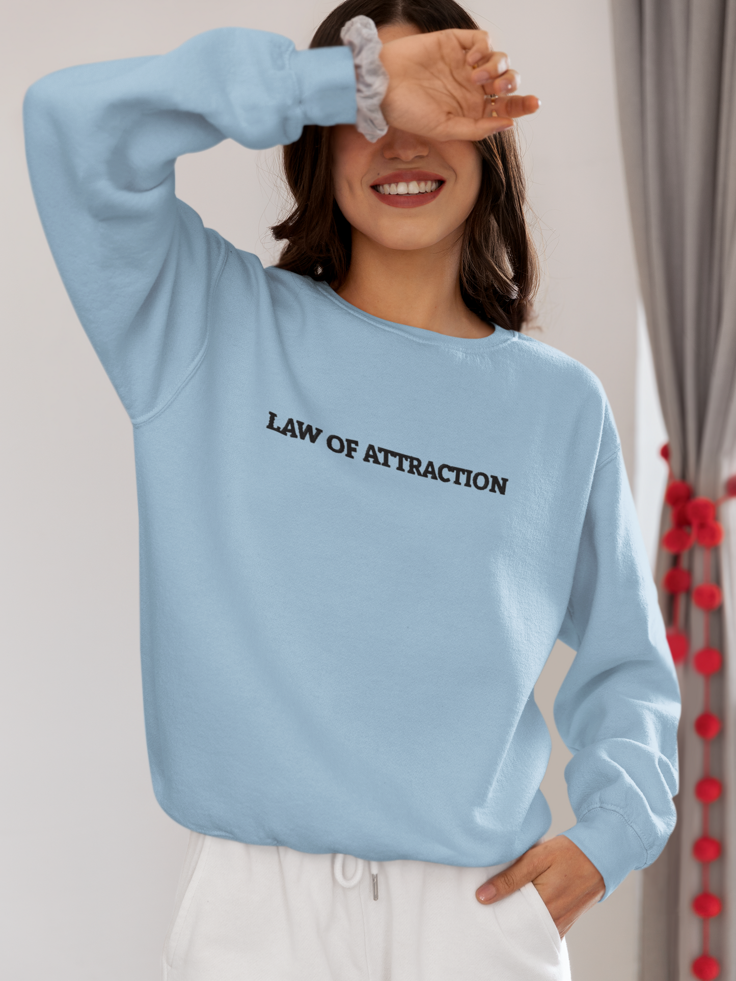 "LAW OF ATTRACTION" Design With Black Embroidered Text. Classic Unisex Crewneck Sweatshirt  Premium Quality Original Clothing. Wear Your Motivation