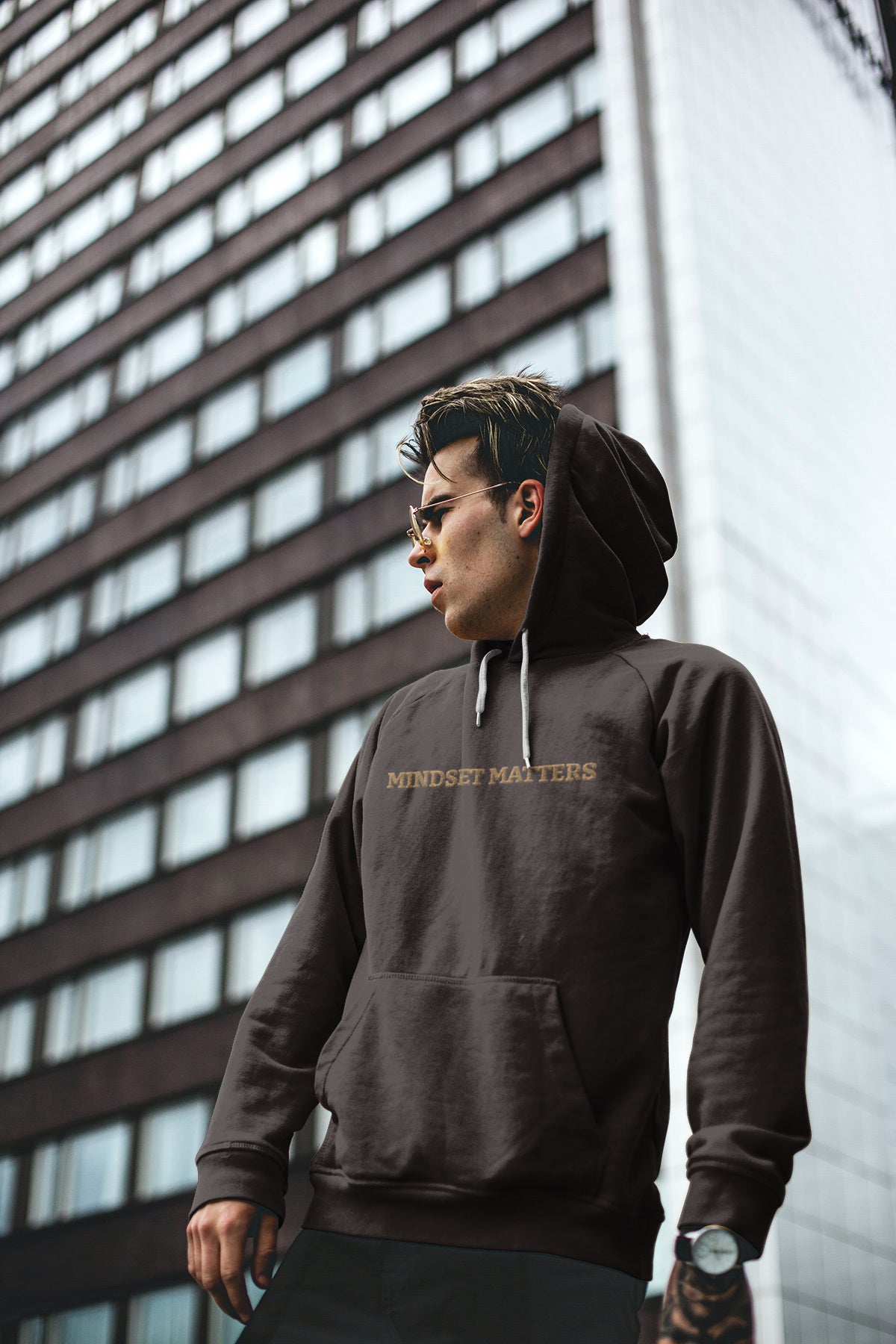 "MINDSET MATTERS" Design With Gold Embroidered Text. Classic Unisex Pullover Hoodie Premium Quality Original Clothing. Wear Your Motivation