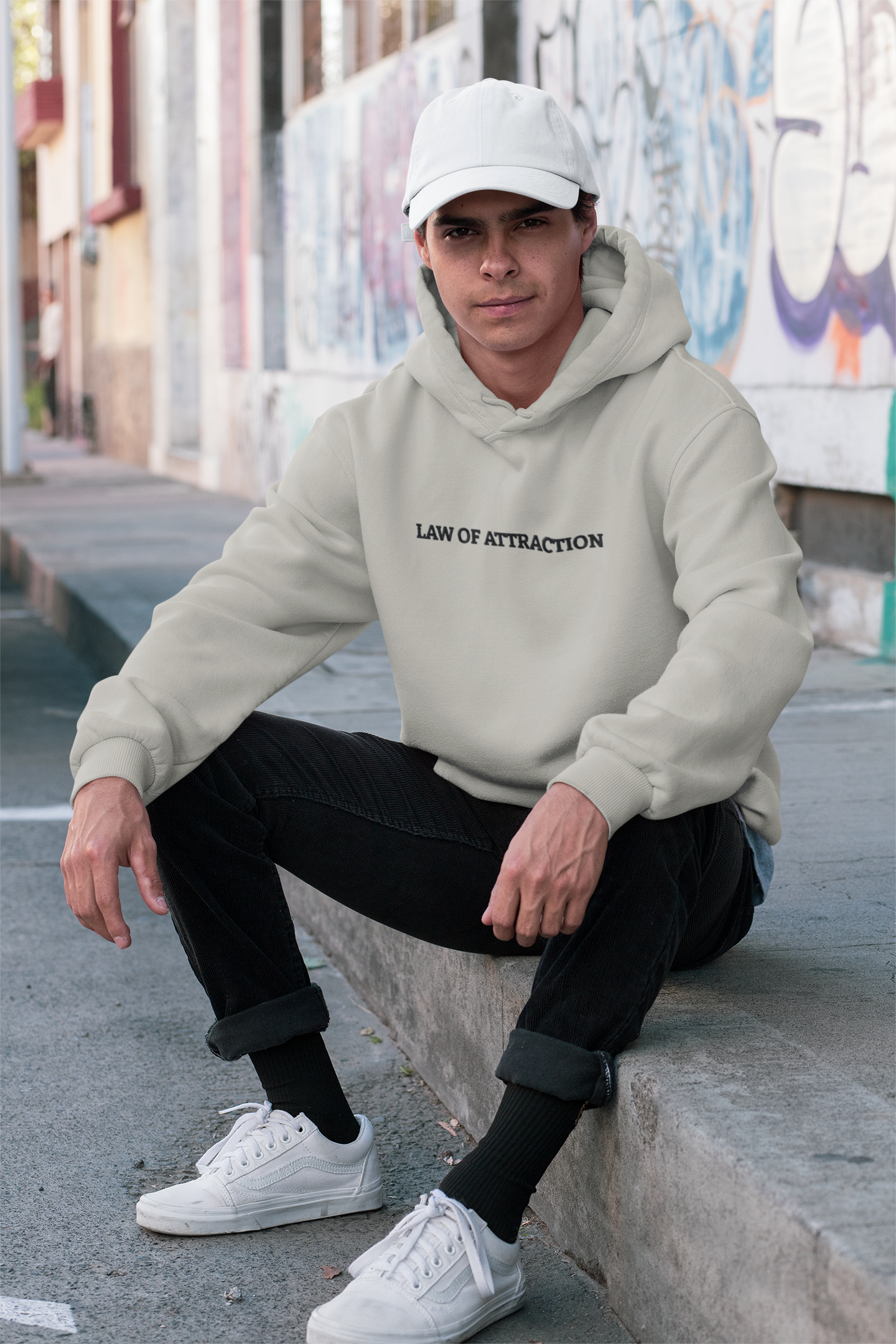 "LAW OF ATTRACTION" Design With Black Embroidered Text. Classic Unisex Pullover Hoodie Premium Quality Original Clothing. Wear Your Motivation