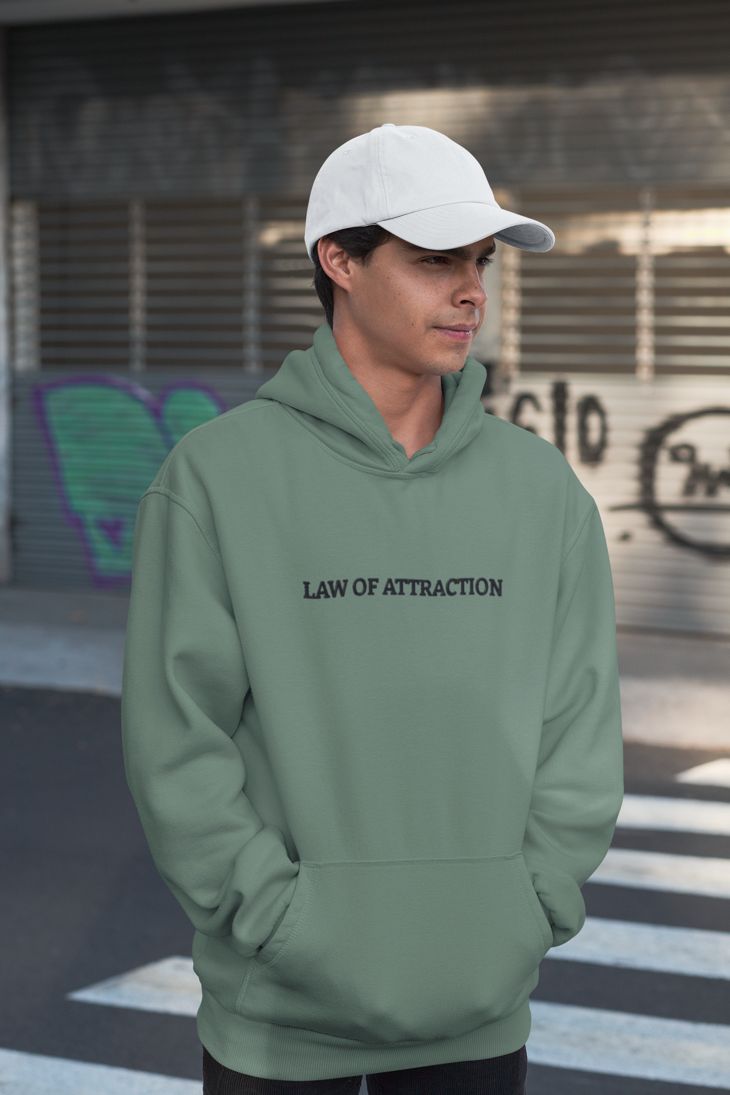 "LAW OF ATTRACTION" Design With Black Embroidered Text. Classic Unisex Pullover Hoodie Premium Quality Original Clothing. Wear Your Motivation