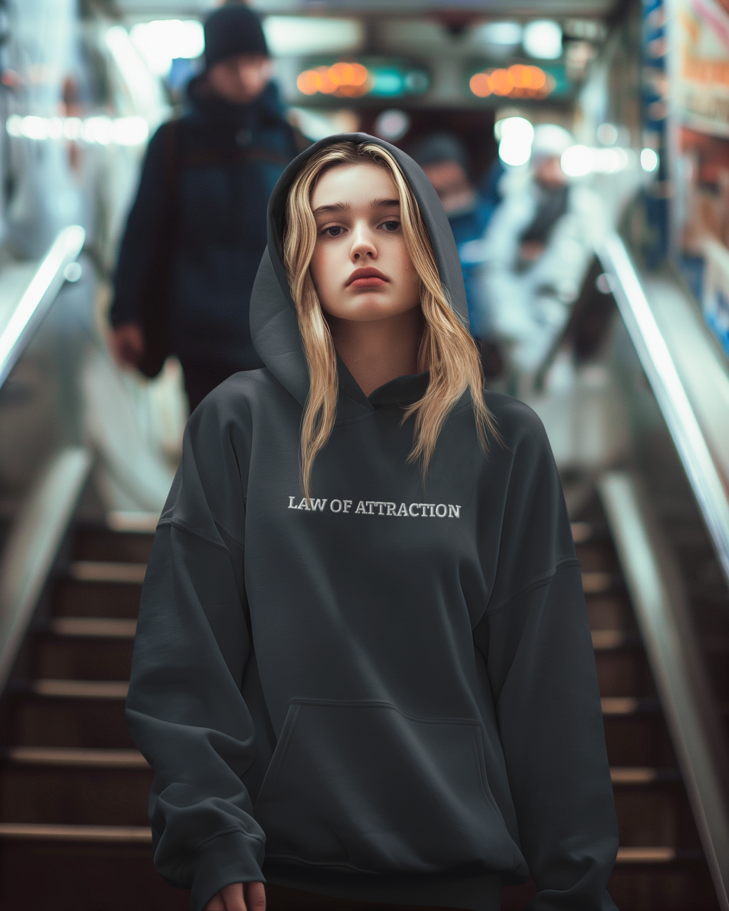 "LAW OF ATTRACTION" Design With White Embroidered Text. Classic Unisex Pullover Hoodie Premium Quality Original Clothing. Wear Your Motivation