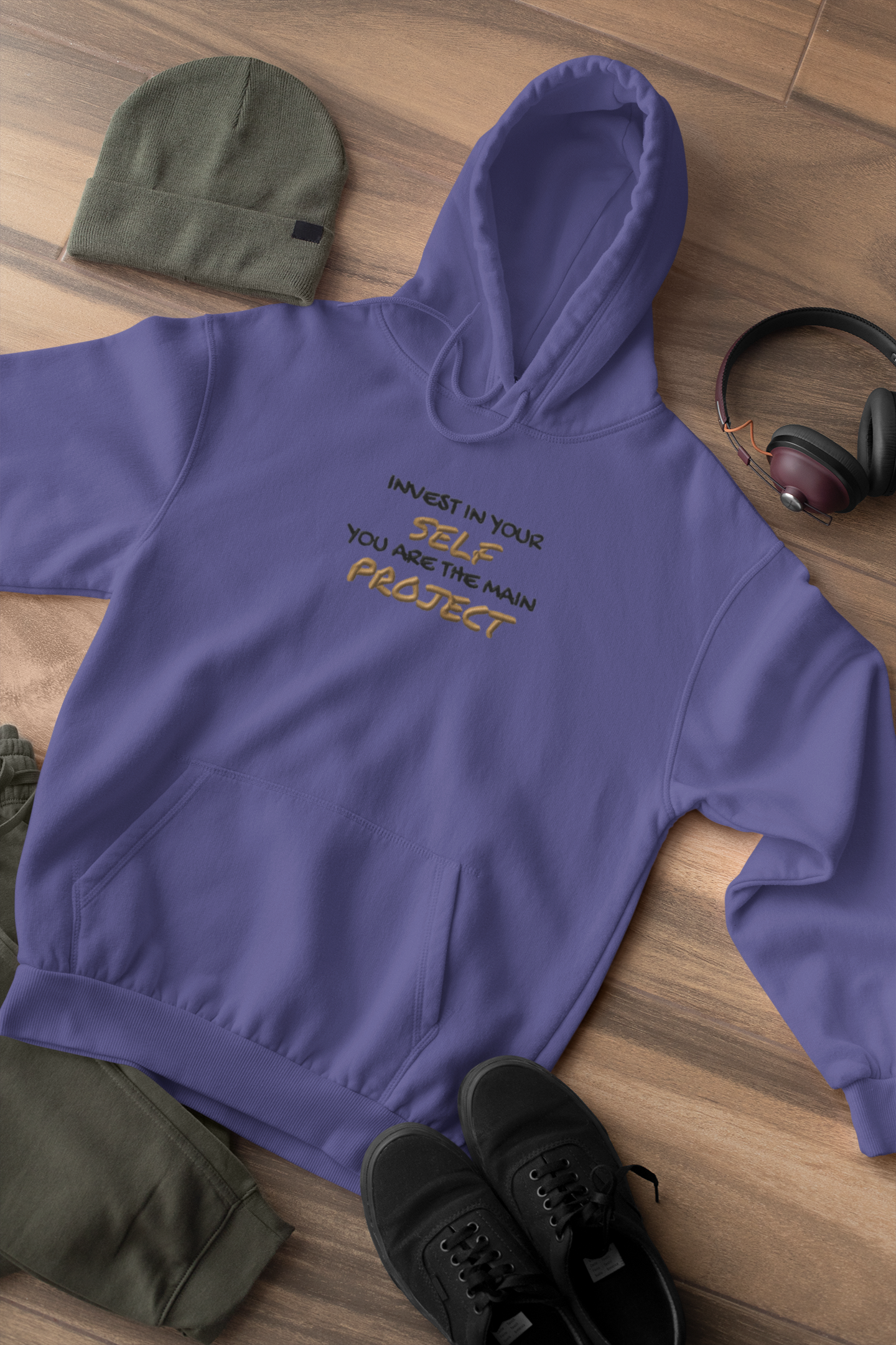 "INVEST IN YOURSELF YOU ARE THE MAIN PROJECT." Design With Gold Black Embroidered Text. Classic Unisex Pullover Hoodie Premium Quality Original Clothing. Wear Your Motivation