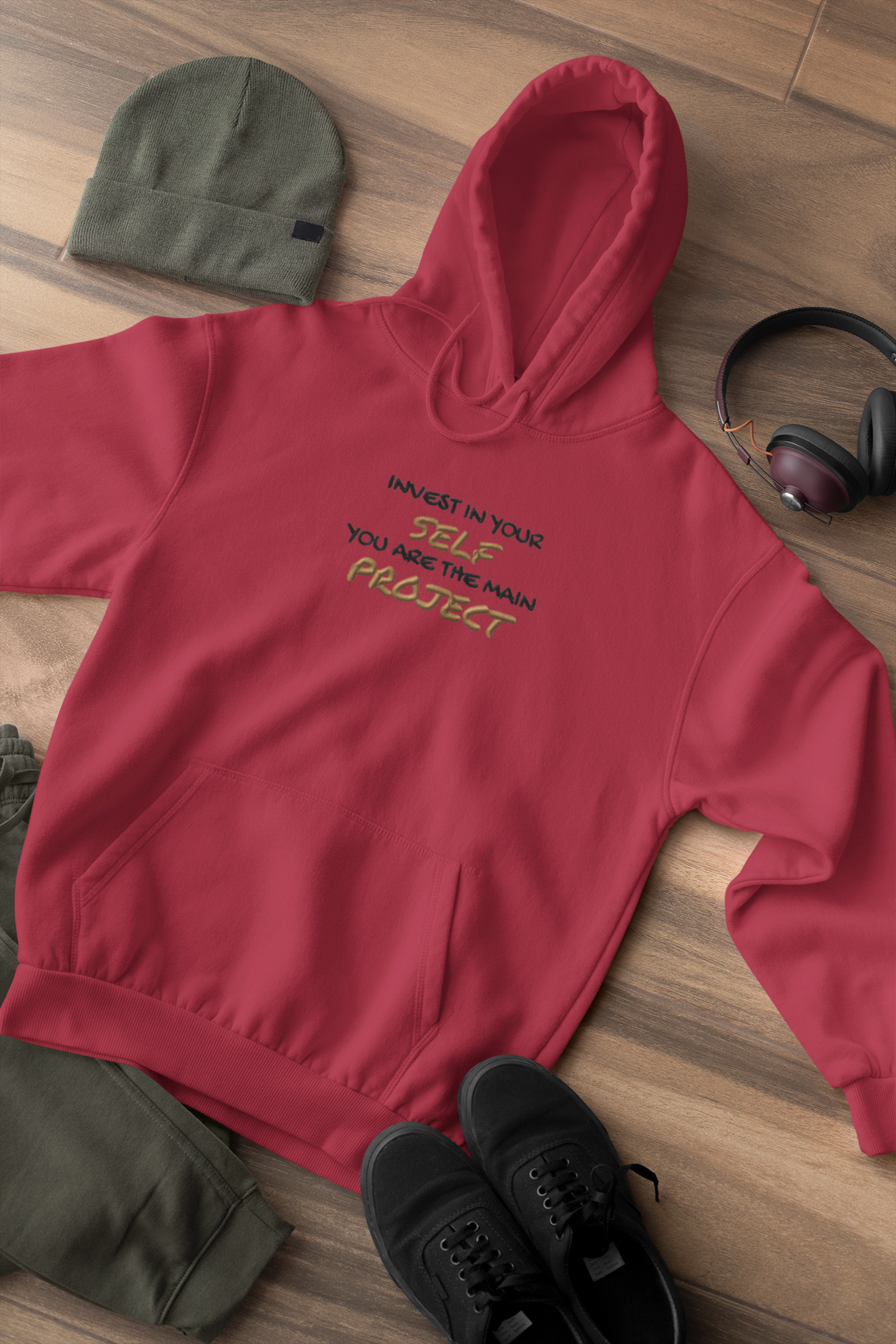 "INVEST IN YOURSELF YOU ARE THE MAIN PROJECT." Design With Gold Black Embroidered Text. Classic Unisex Pullover Hoodie Premium Quality Original Clothing. Wear Your Motivation