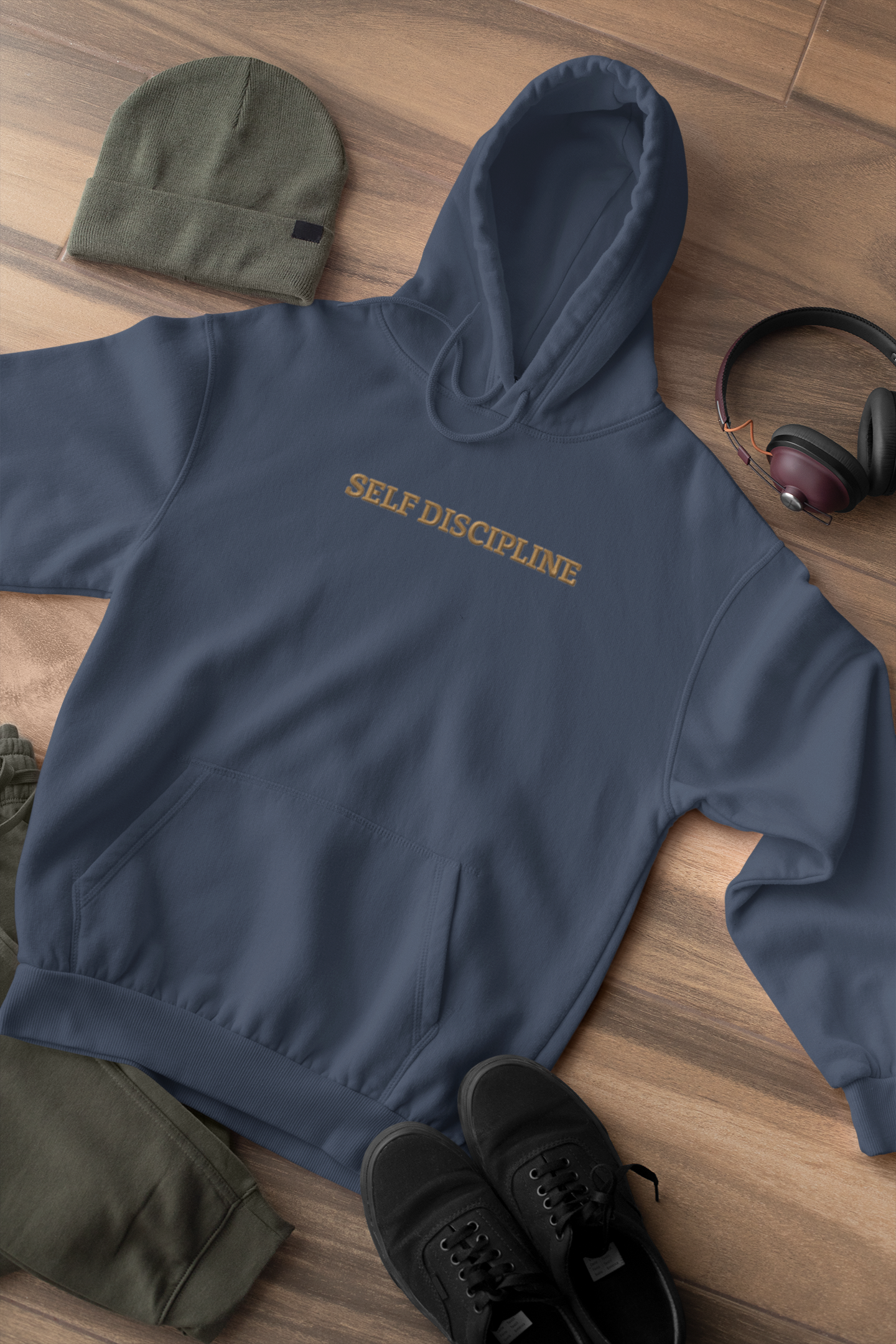 "SELF DISCIPLINE" Design With Gold Embroidered Text. Classic Unisex Pullover Hoodie Premium Quality Original Clothing. Wear Your Motivation