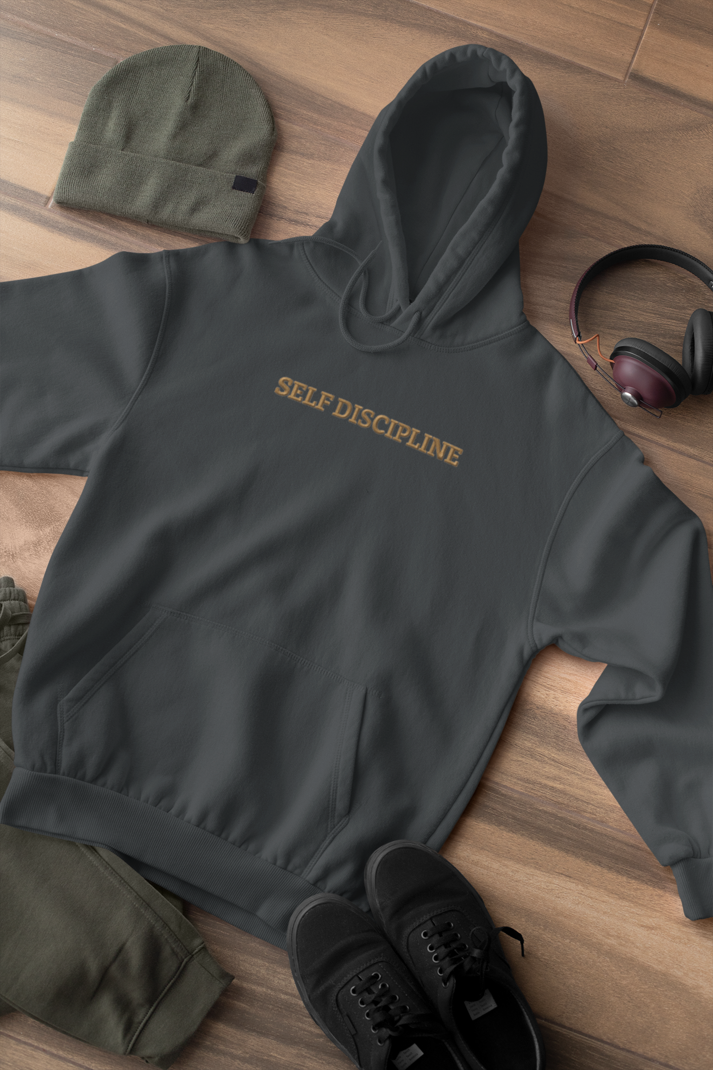 "SELF DISCIPLINE" Design With Gold Embroidered Text. Classic Unisex Pullover Hoodie Premium Quality Original Clothing. Wear Your Motivation