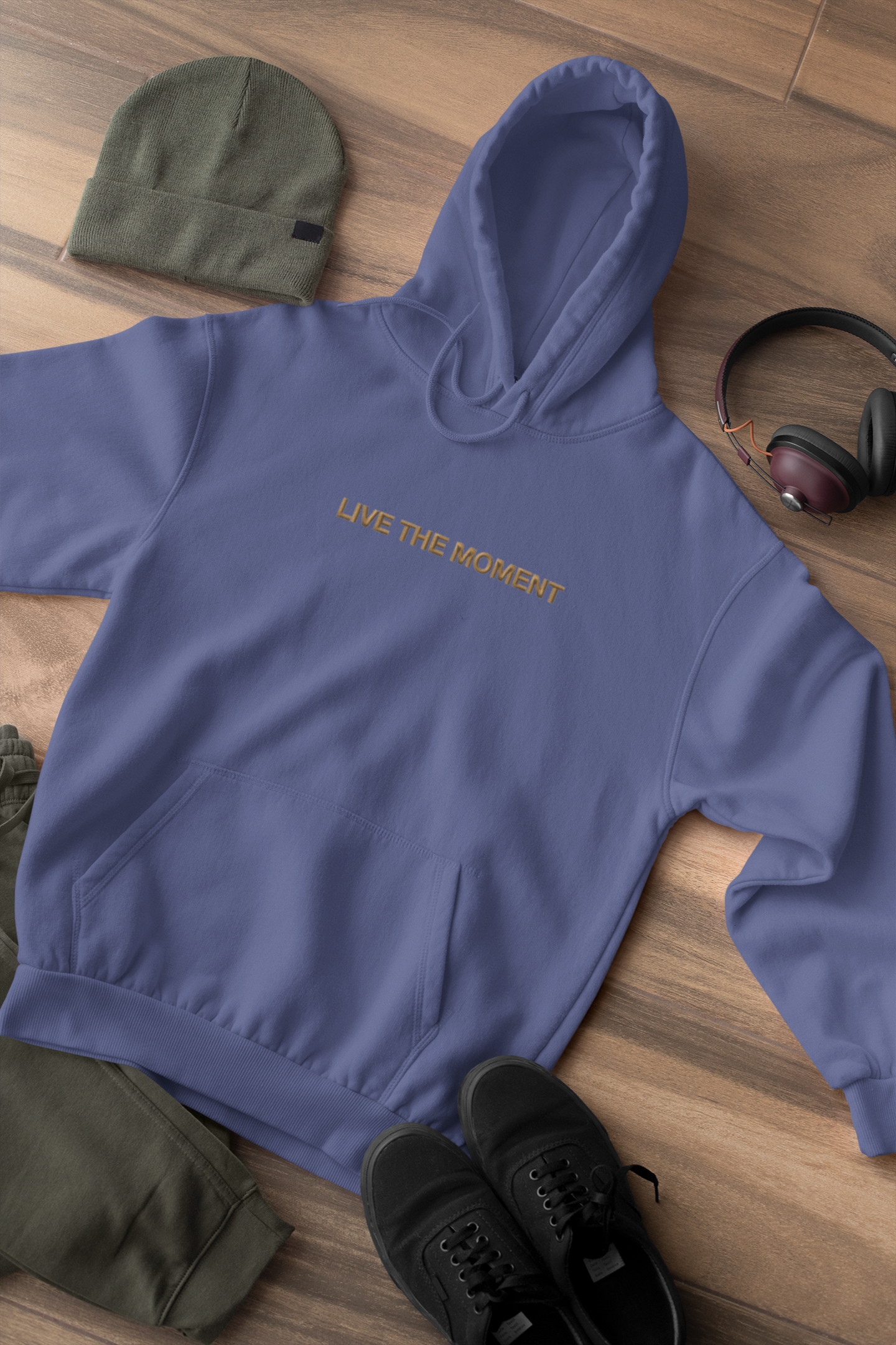 "LIVE THE MOMENT" Design With Gold Embroidered Text. Classic Unisex Pullover Hoodie Premium Quality Original Clothing. Wear Your Motivation