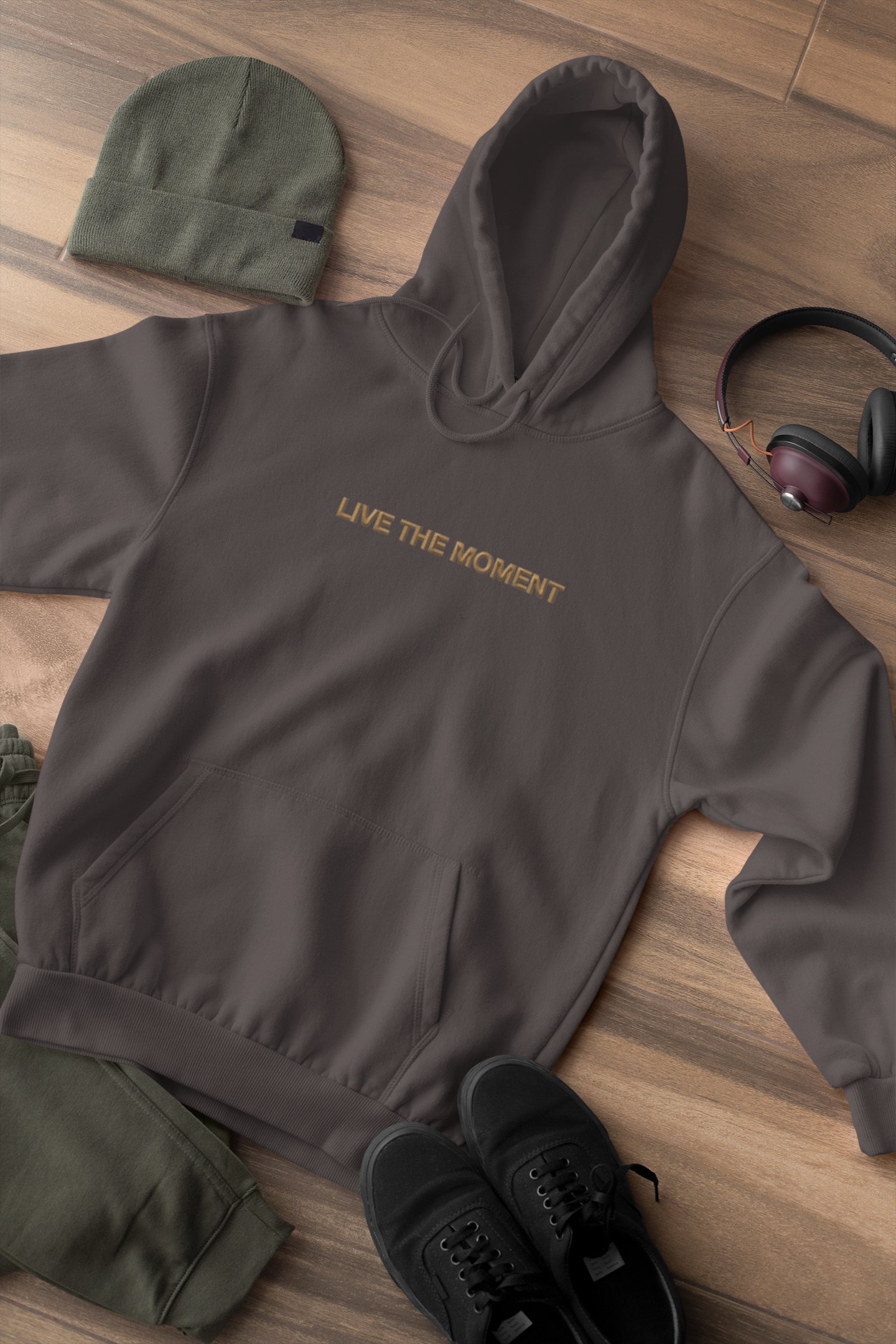 "LIVE THE MOMENT" Design With Gold Embroidered Text. Classic Unisex Pullover Hoodie Premium Quality Original Clothing. Wear Your Motivation