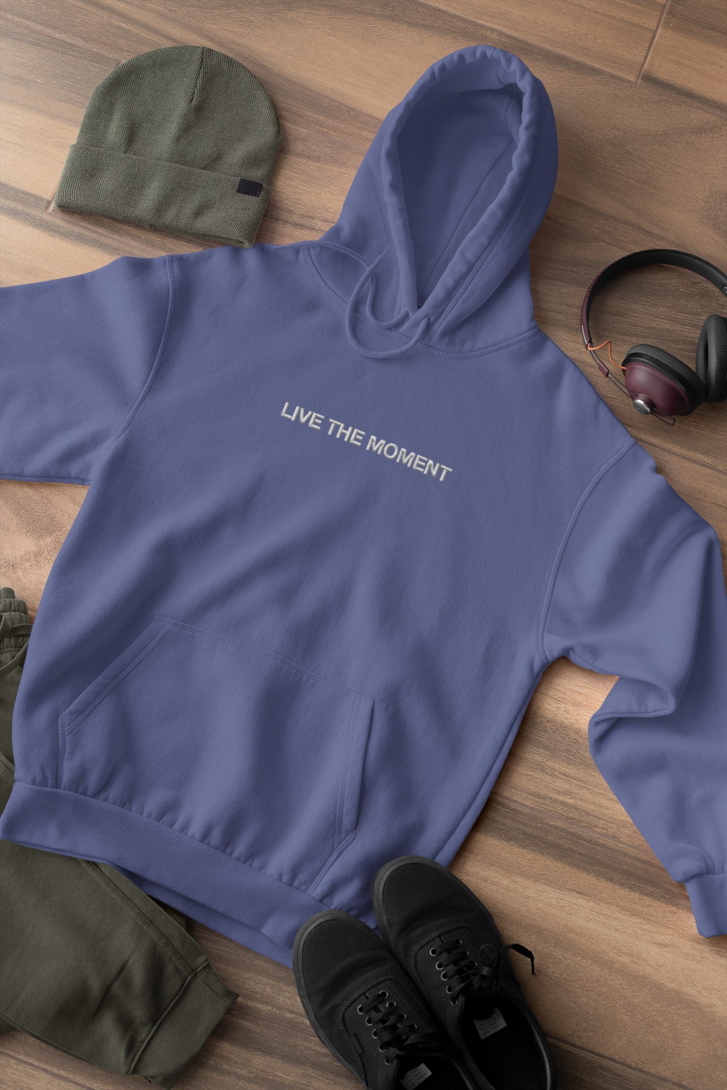 "LIVE THE MOMENT" Design With White Embroidered Text. Classic Unisex Pullover Hoodie Premium Quality Original Clothing. Wear Your Motivation