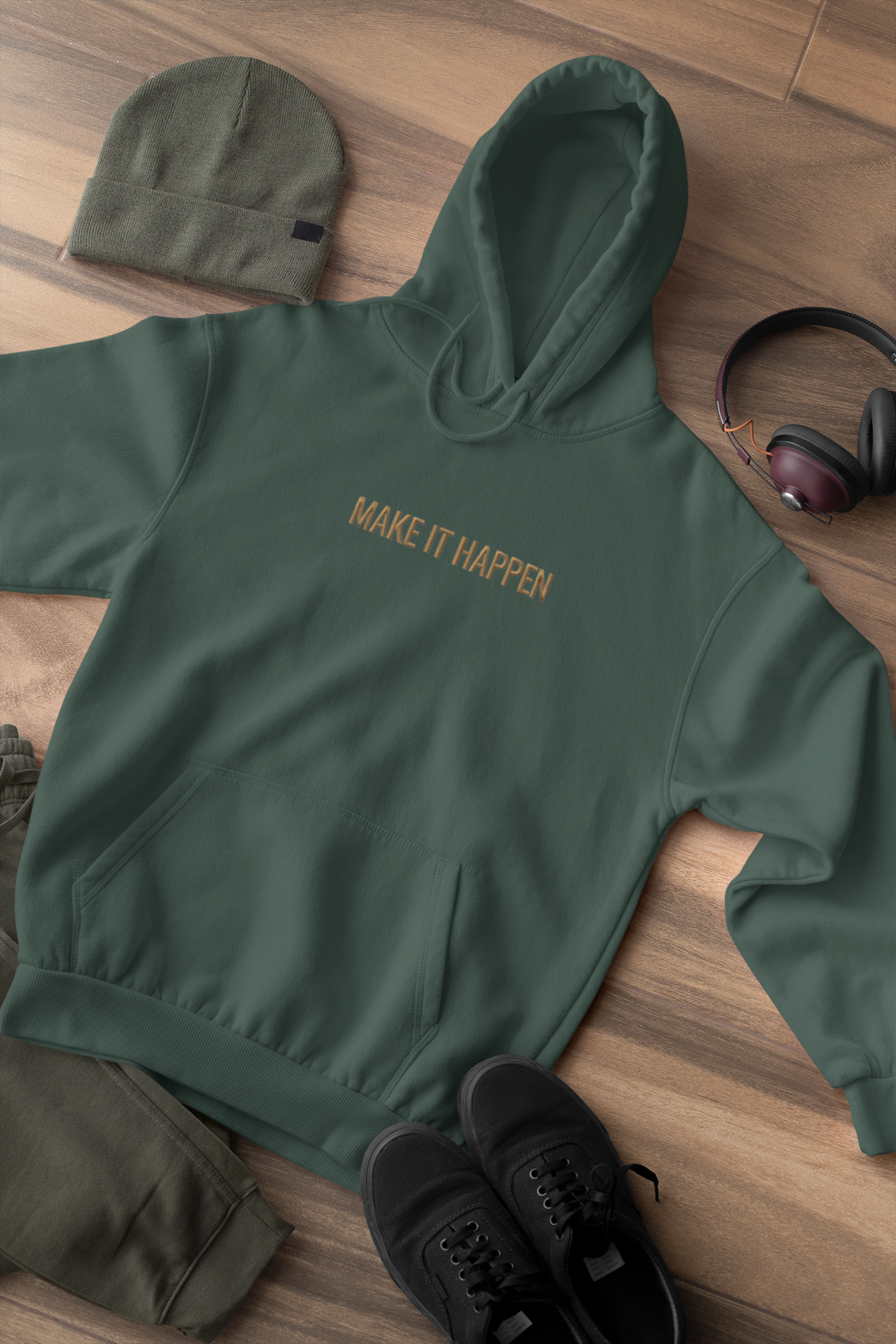 "MAKE IT HAPPEN" Design With Gold Embroidered Text. Classic Unisex Pullover Hoodie Premium Quality Original Clothing. Wear Your Motivation