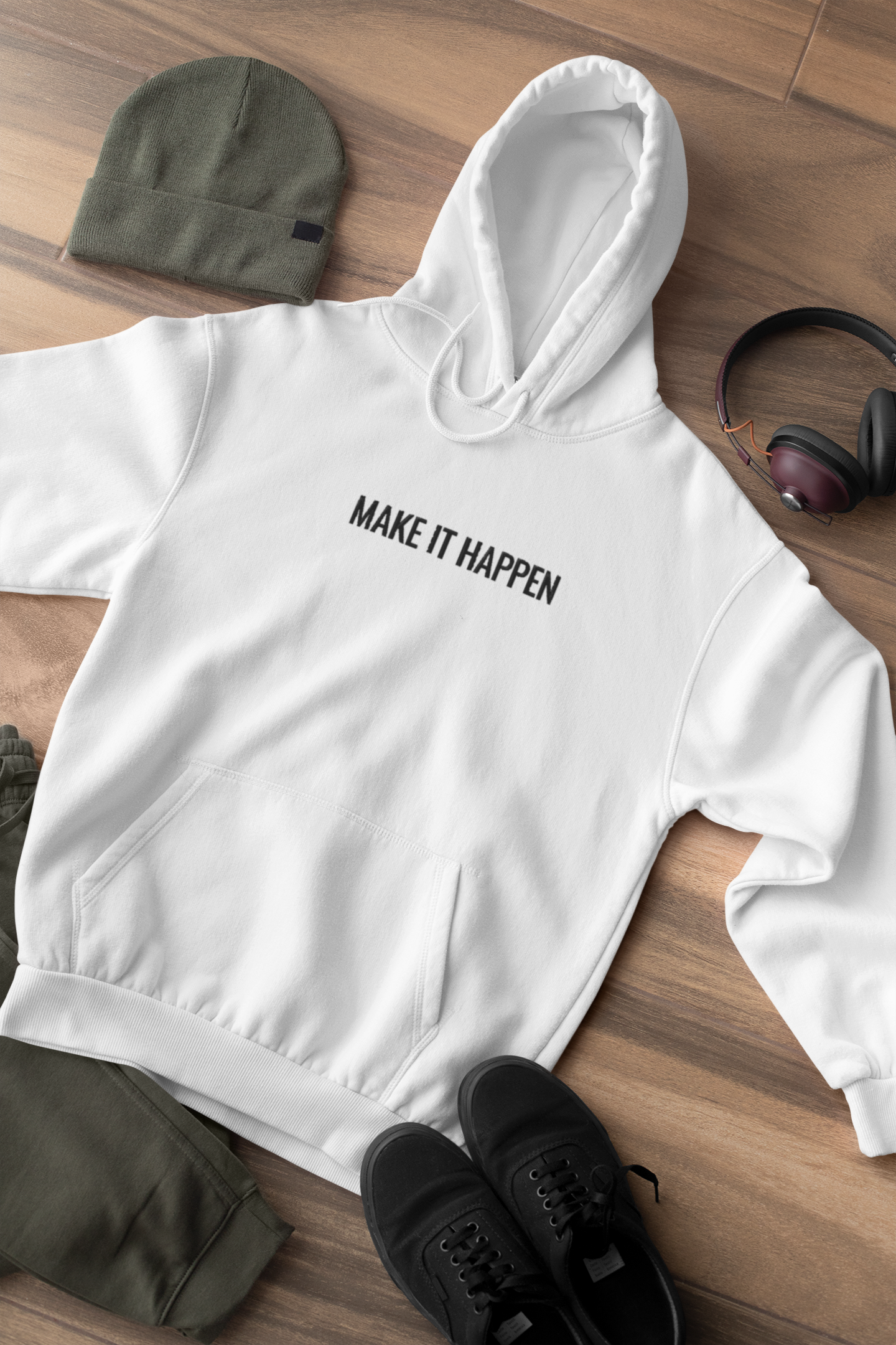 "MAKE IT HAPPEN" Design With Black Embroidered Text. Classic Unisex Pullover Hoodie Premium Quality Original Clothing. Wear Your Motivation