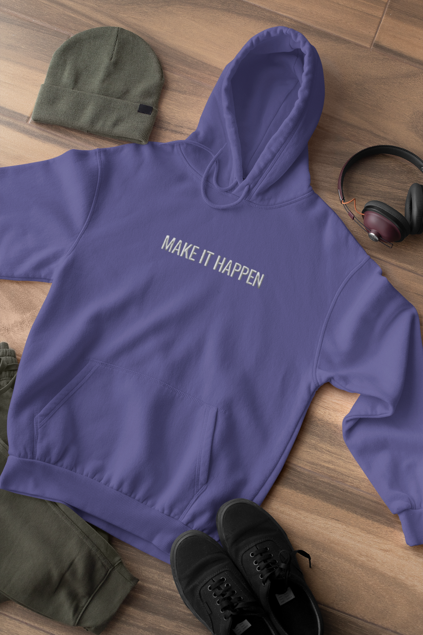 "MAKE IT HAPPEN" Design With White Embroidered Text. Classic Unisex Pullover Hoodie Premium Quality Original Clothing. Wear Your Motivation