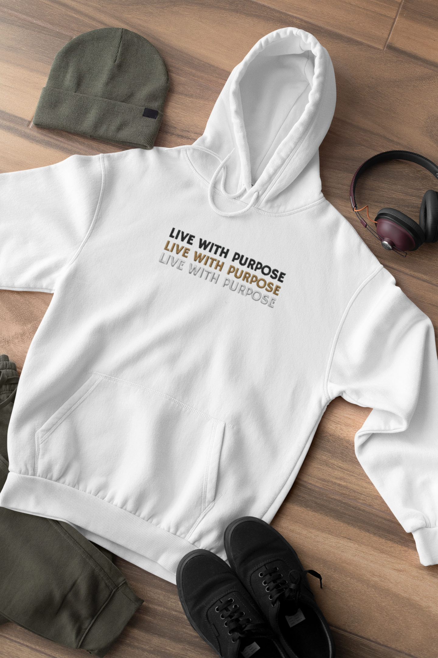 "LIVE WITH PURPOSE" Design With Gold Black White Embroidered Text. Classic Unisex Pullover Hoodie Premium Quality Original Clothing. Wear Your Motivation