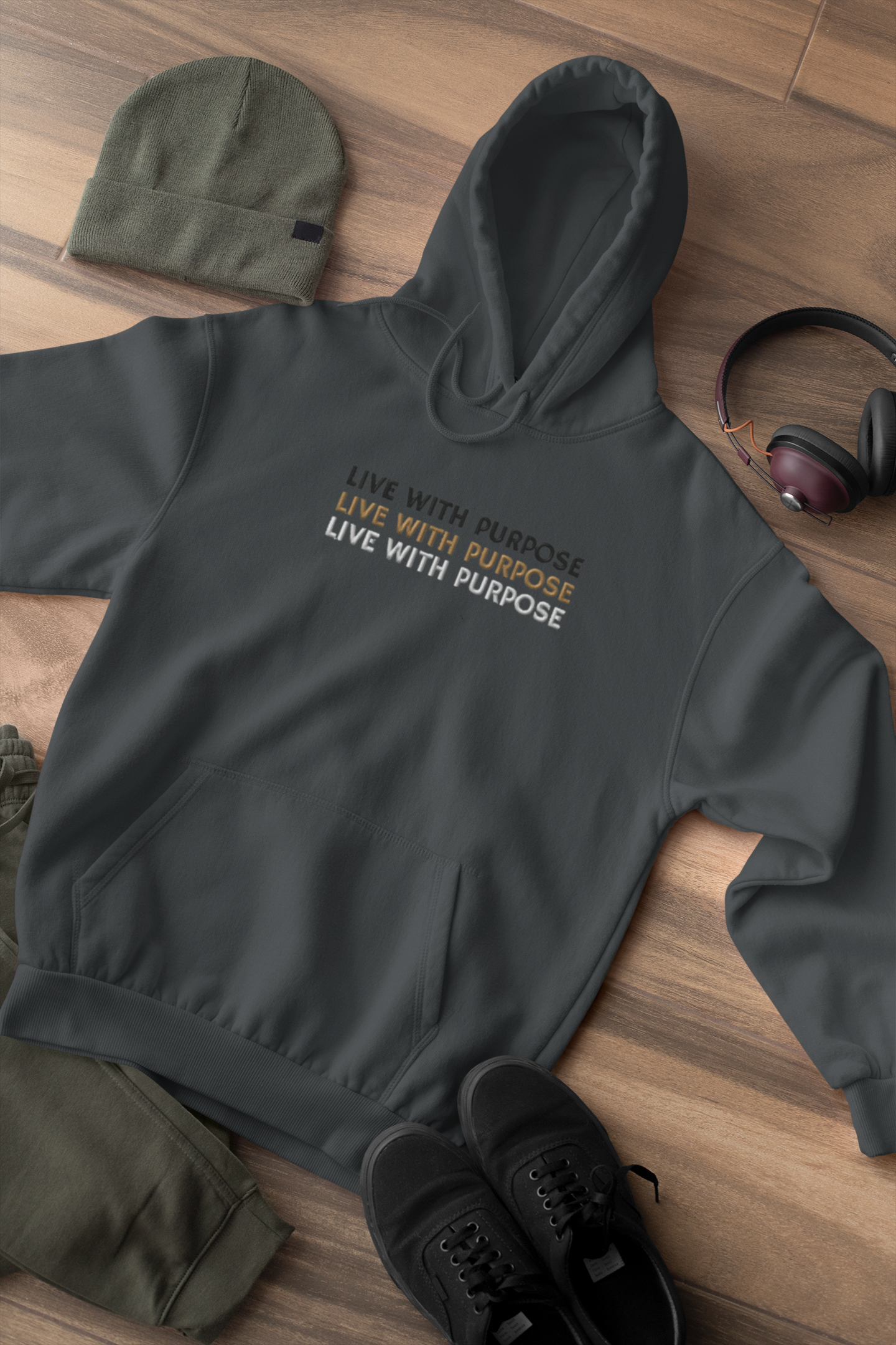 "LIVE WITH PURPOSE" Design With Gold Black White Embroidered Text. Classic Unisex Pullover Hoodie Premium Quality Original Clothing. Wear Your Motivation