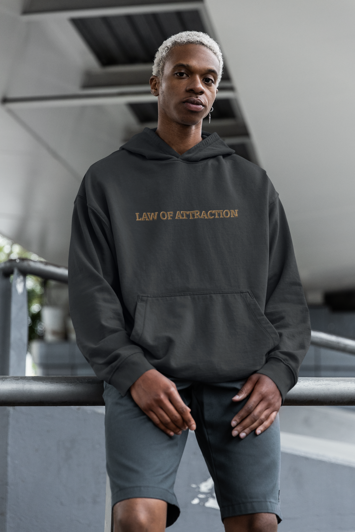 "LAW OF ATTRACTION" Design With Gold Embroidered Text. Classic Unisex Pullover Hoodie Premium Quality Original Clothing. Wear Your Motivation