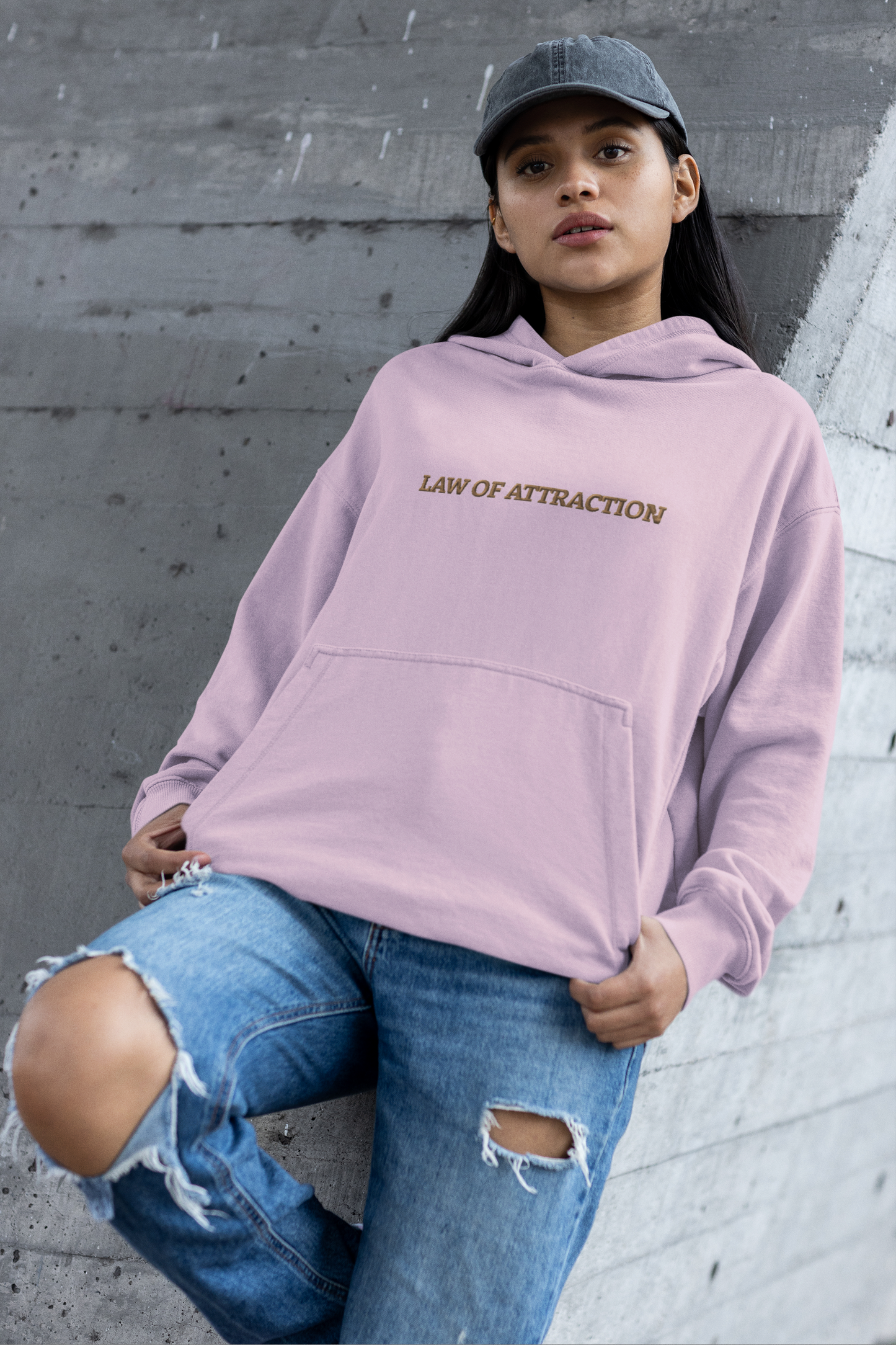 "LAW OF ATTRACTION" Design With Gold Embroidered Text. Classic Unisex Pullover Hoodie Premium Quality Original Clothing. Wear Your Motivation