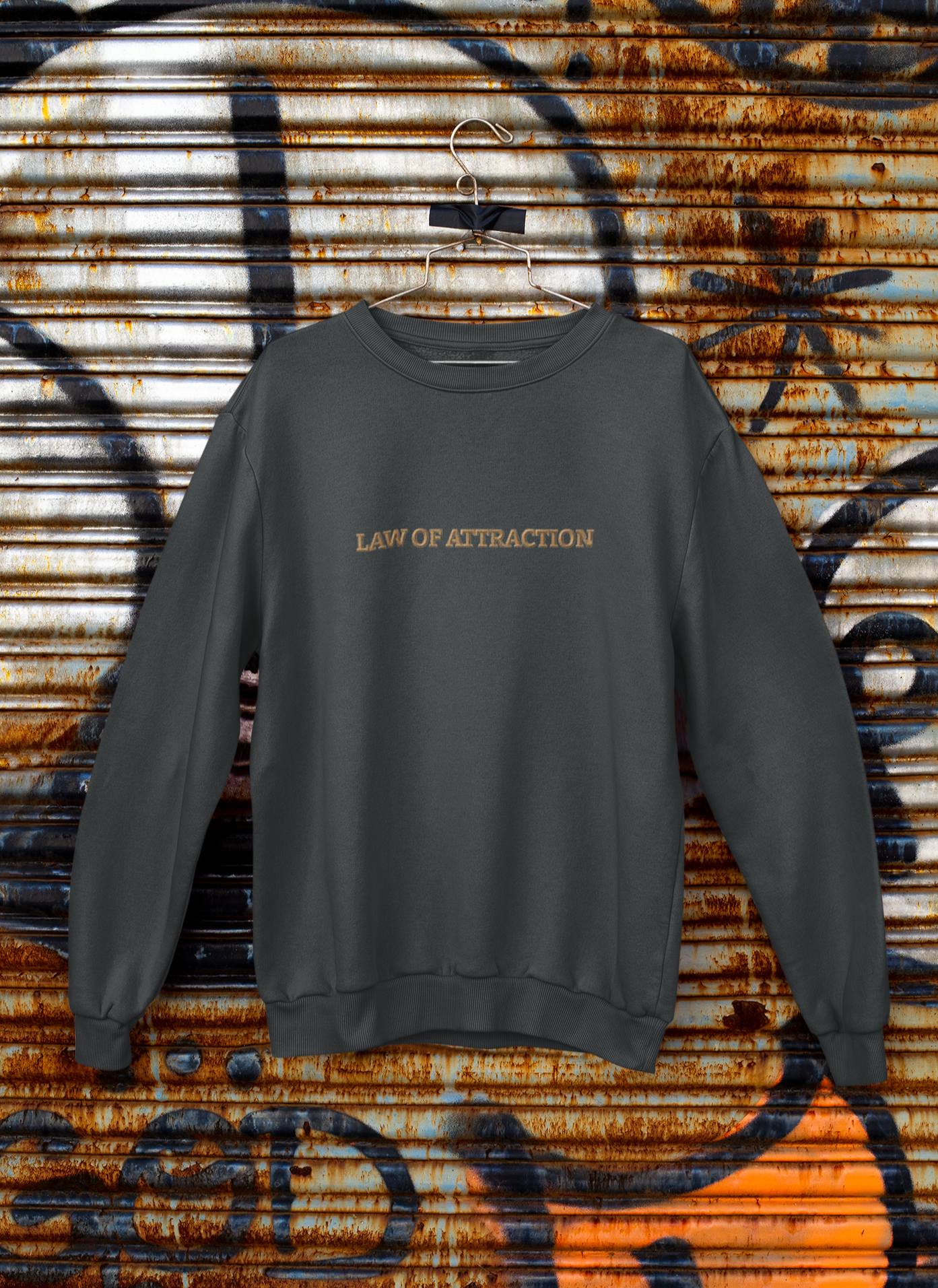 "LAW OF ATTRACTION" Design With Gold Embroidered Text. Classic Unisex Crewneck Sweatshirt  Premium Quality Original Clothing. Wear Your Motivation.