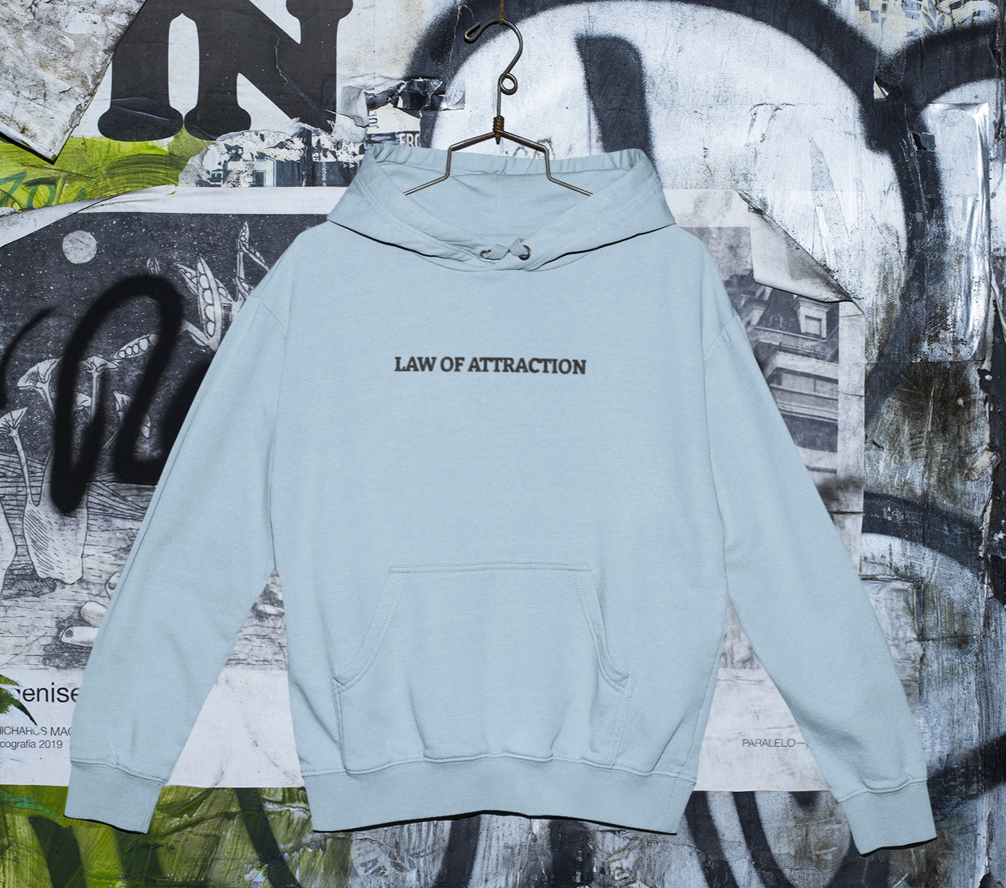 "LAW OF ATTRACTION" Design With Black Embroidered Text. Classic Unisex Pullover Hoodie Premium Quality Original Clothing. Wear Your Motivation