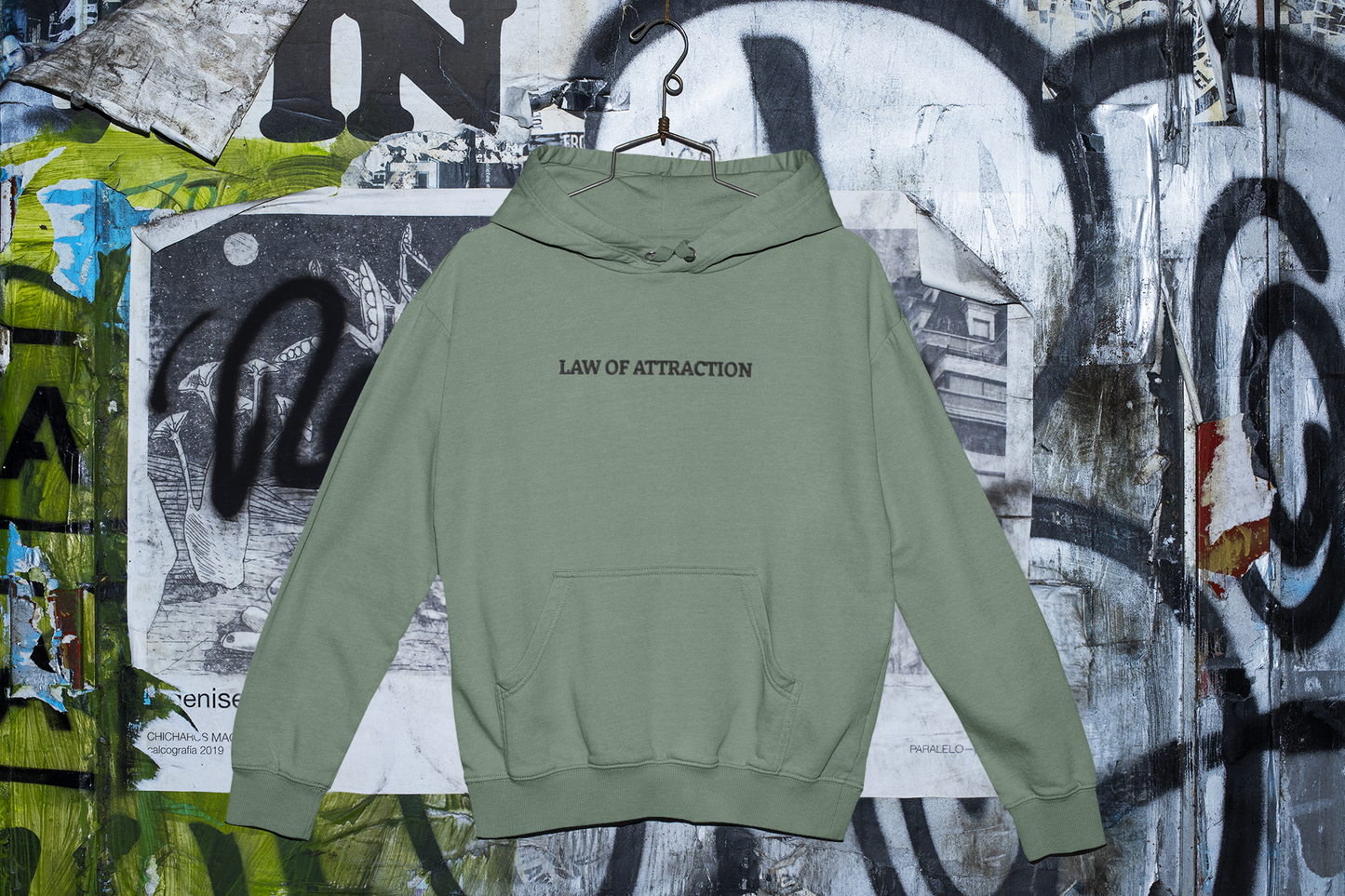 "LAW OF ATTRACTION" Design With Black Embroidered Text. Classic Unisex Pullover Hoodie Premium Quality Original Clothing. Wear Your Motivation