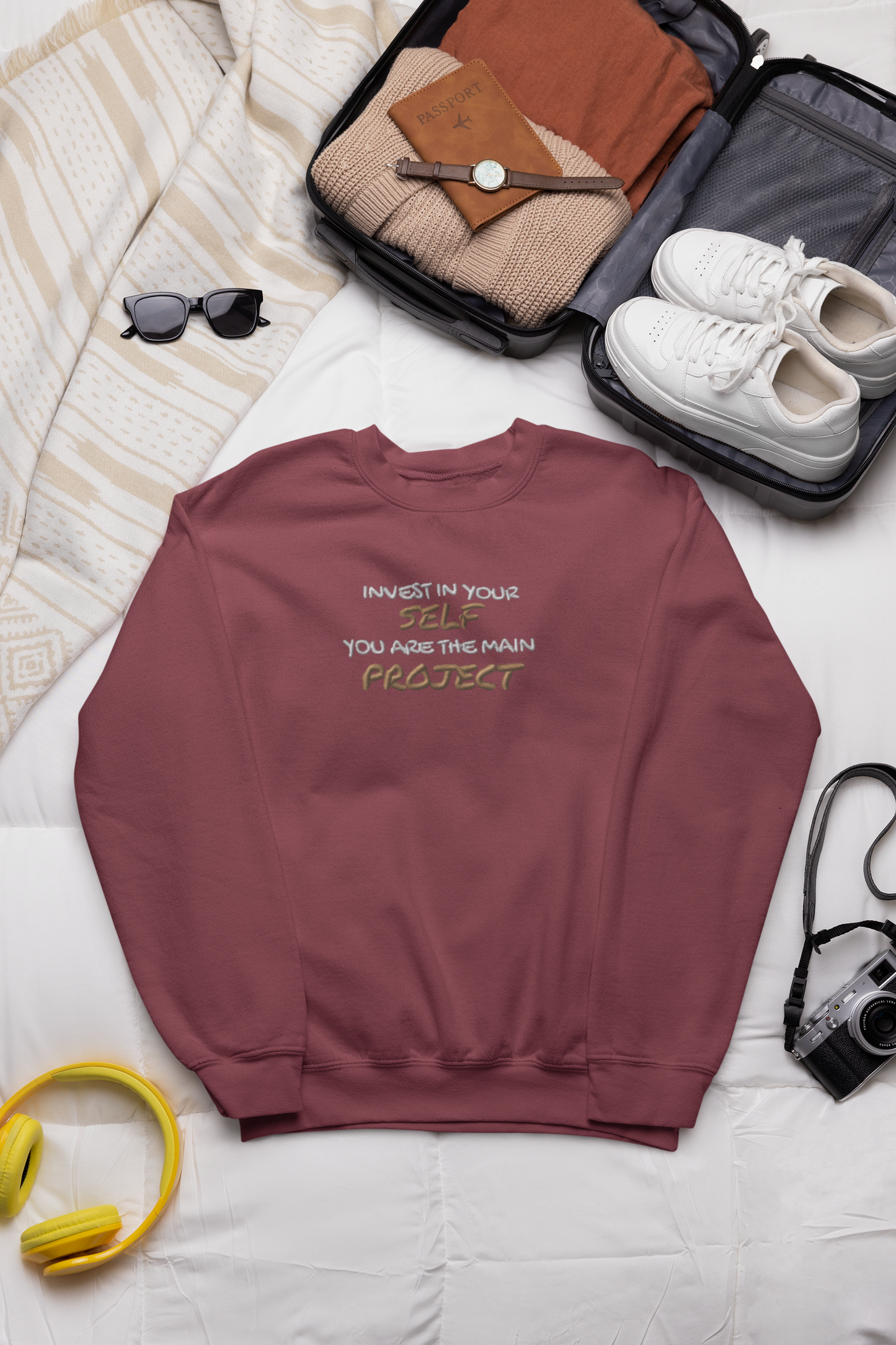 "INVEST IN YOURSELF YOU ARE THE MAIN PROJECT." Design With Gold White Embroidered Text. Classic Unisex Crewneck Sweatshirt Premium Quality Original Clothing. Wear Your Motivation.