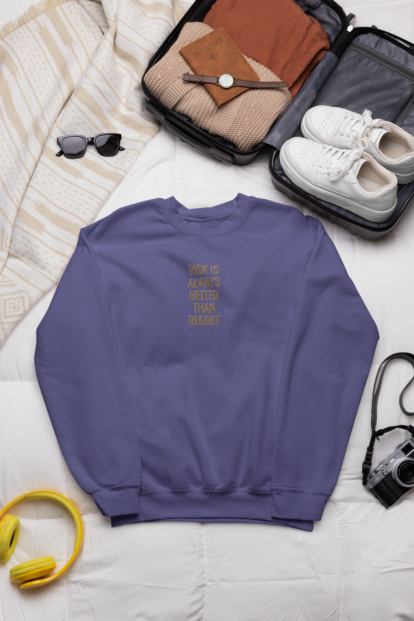 "RISK IS ALWAYS BETTER THAN REGRET" Design With Gold Embroidered Text.Classic Unisex Crewneck Sweatshirt Premium Quality Original Clothing. Wear Your Motivation.