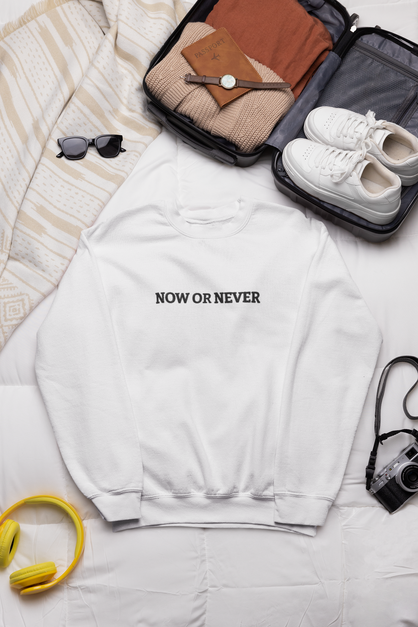 "NOW OR NEVER" Design With Black Embroidered Text.Classic Unisex Crewneck Sweatshirt Premium Quality Original Clothing. Wear Your Motivation.