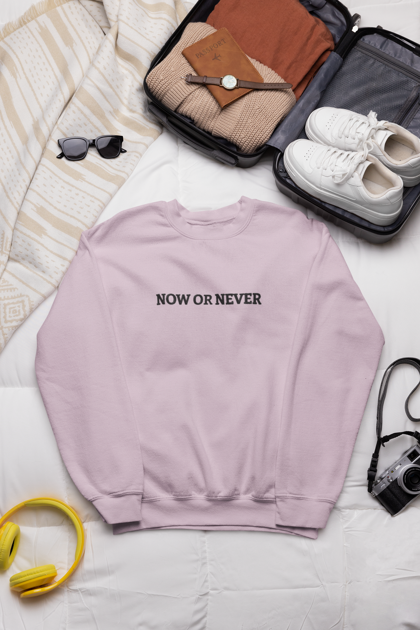 "NOW OR NEVER" Design With Black Embroidered Text.Classic Unisex Crewneck Sweatshirt Premium Quality Original Clothing. Wear Your Motivation.