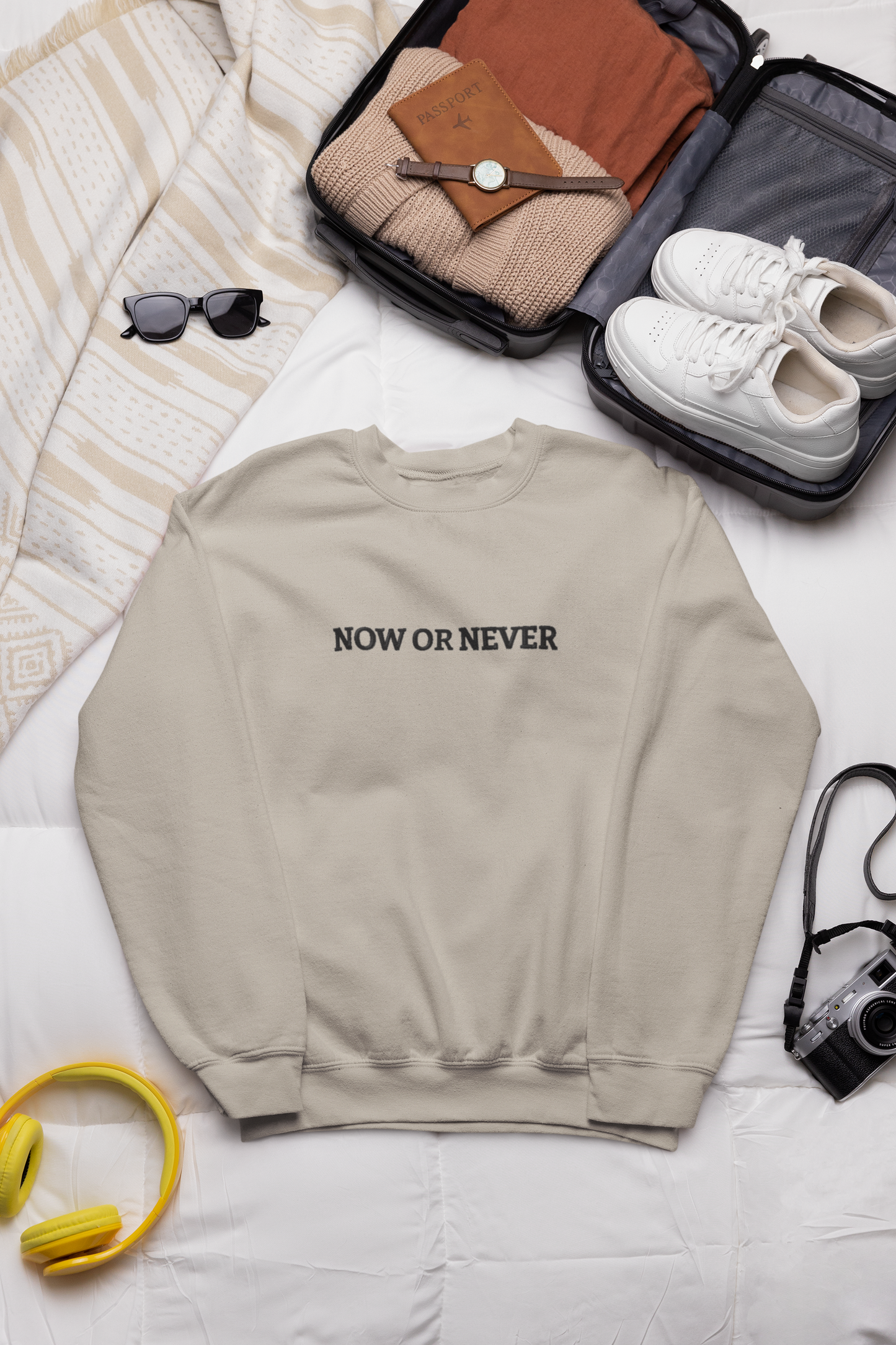 "NOW OR NEVER" Design With Black Embroidered Text.Classic Unisex Crewneck Sweatshirt Premium Quality Original Clothing. Wear Your Motivation.