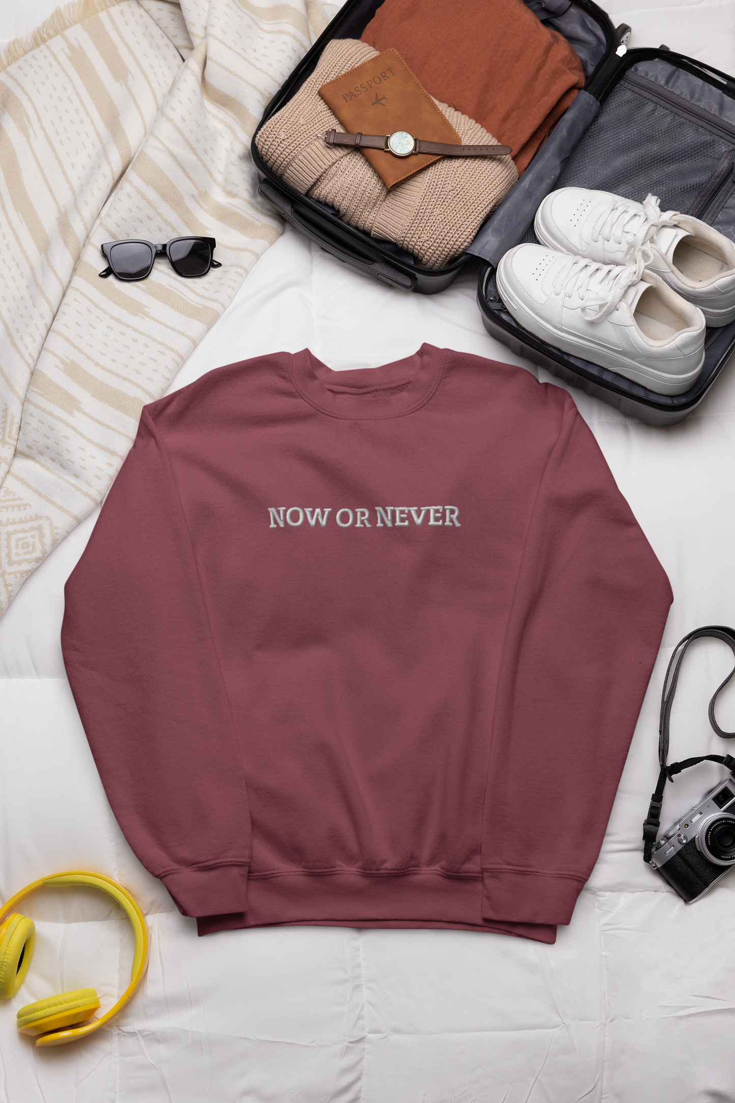 "NOW OR NEVER" Design With White Embroidered Text.Classic Unisex Crewneck Sweatshirt Premium Quality Original Clothing. Wear Your Motivation.