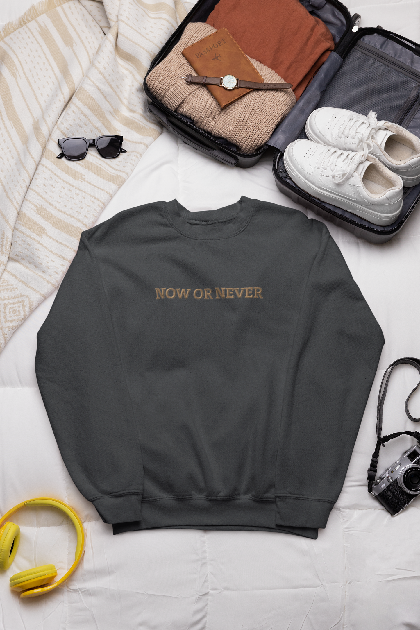 "NOW OR NEVER" Design With Gold Embroidered Text.Classic Unisex Crewneck Sweatshirt Premium Quality Original Clothing. Wear Your Motivation.