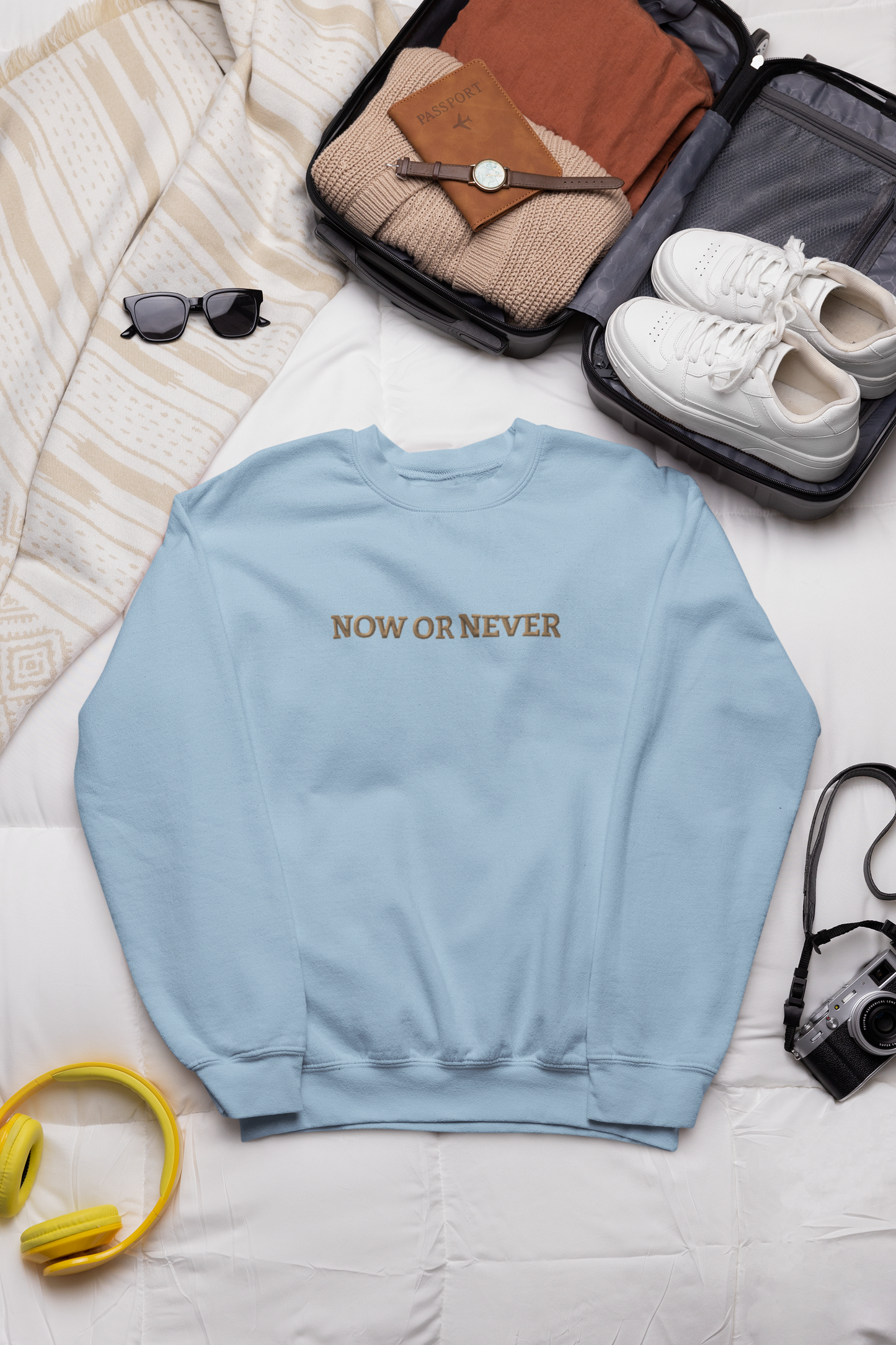 "NOW OR NEVER" Design With Gold Embroidered Text.Classic Unisex Crewneck Sweatshirt Premium Quality Original Clothing. Wear Your Motivation.