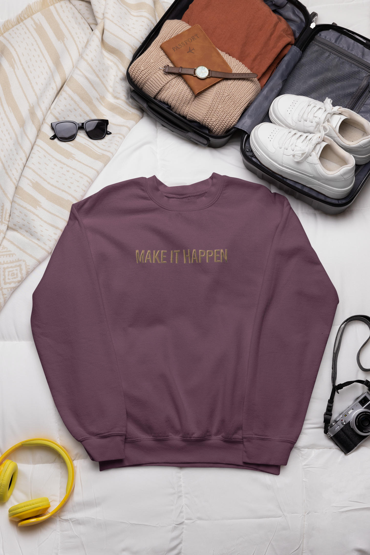 "MAKE IT HAPPEN" Design With Gold Embroidered Text.Classic Unisex Crewneck Sweatshirt Premium Quality Original Clothing. Wear Your Motivation.