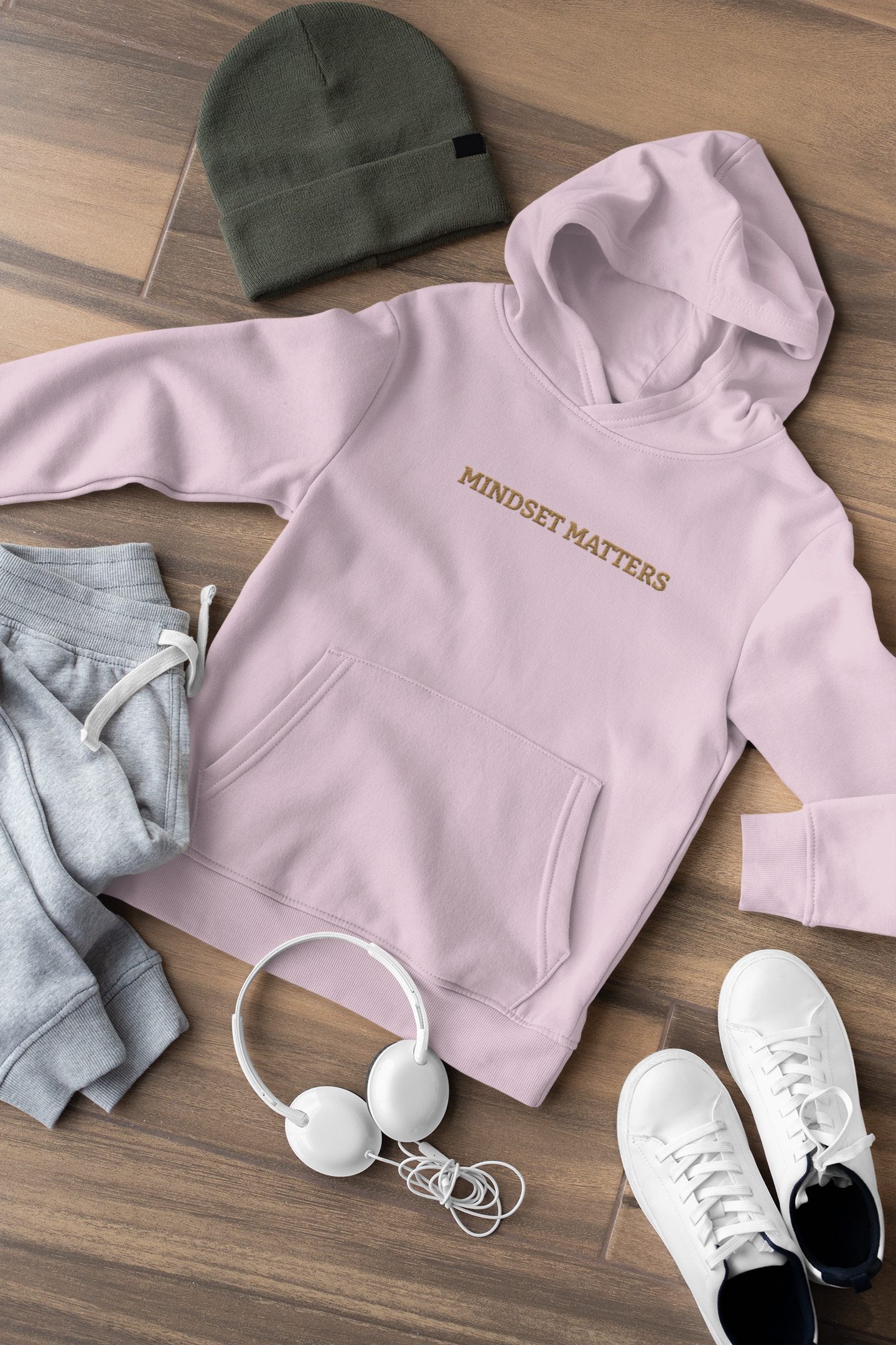 "MINDSET MATTERS" Design With Gold Embroidered Text. Classic Unisex Pullover Hoodie Premium Quality Original Clothing. Wear Your Motivation