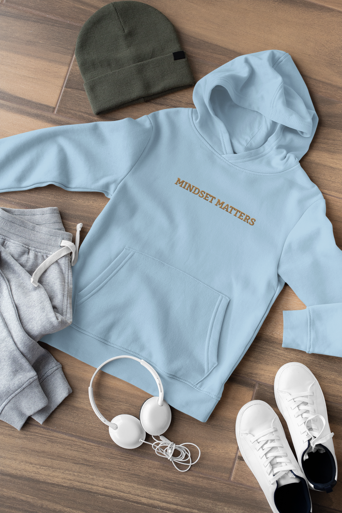 "MINDSET MATTERS" Design With Gold Embroidered Text. Classic Unisex Pullover Hoodie Premium Quality Original Clothing. Wear Your Motivation