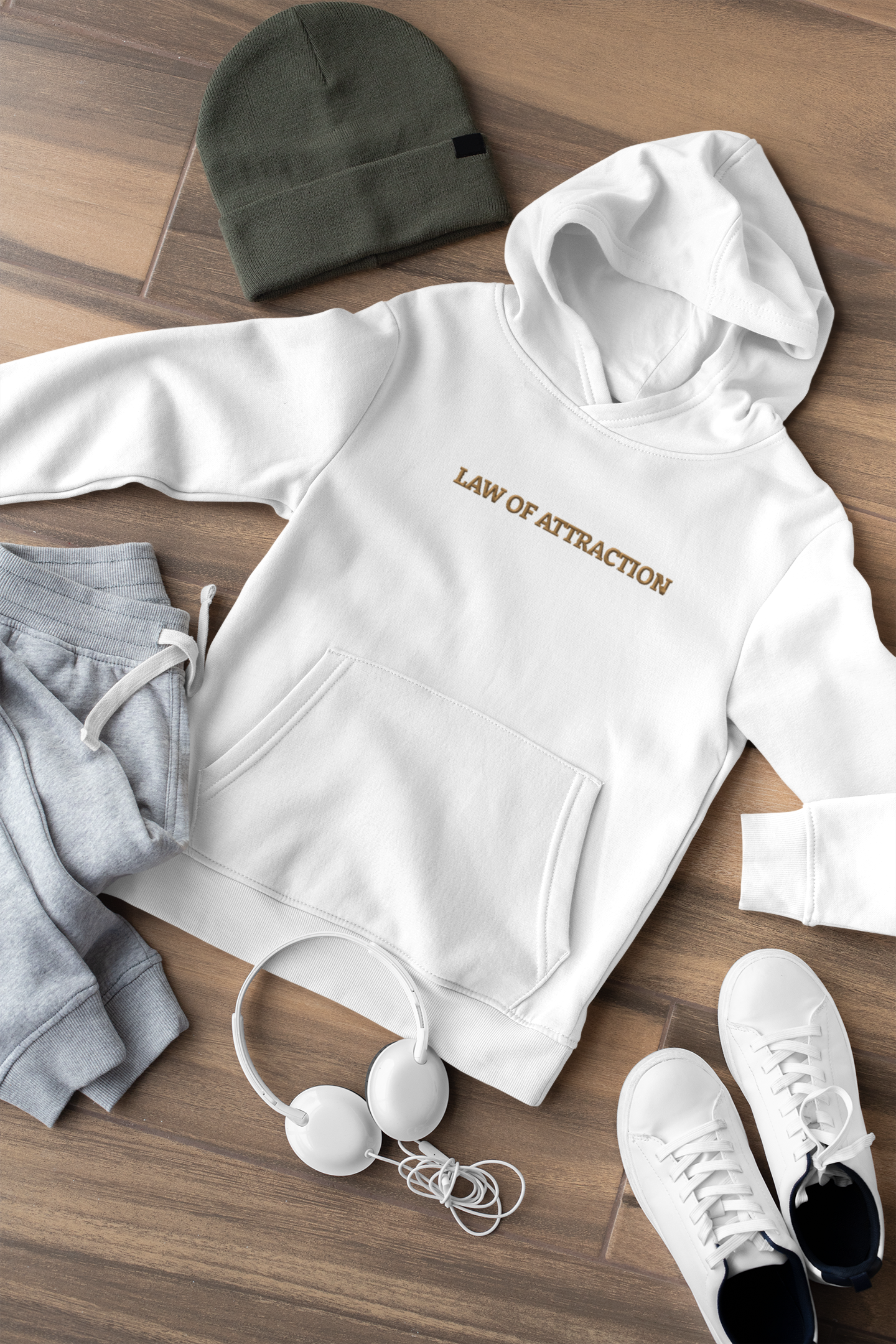 "LAW OF ATTRACTION" Design With Gold Embroidered Text. Classic Unisex Pullover Hoodie Premium Quality Original Clothing. Wear Your Motivation