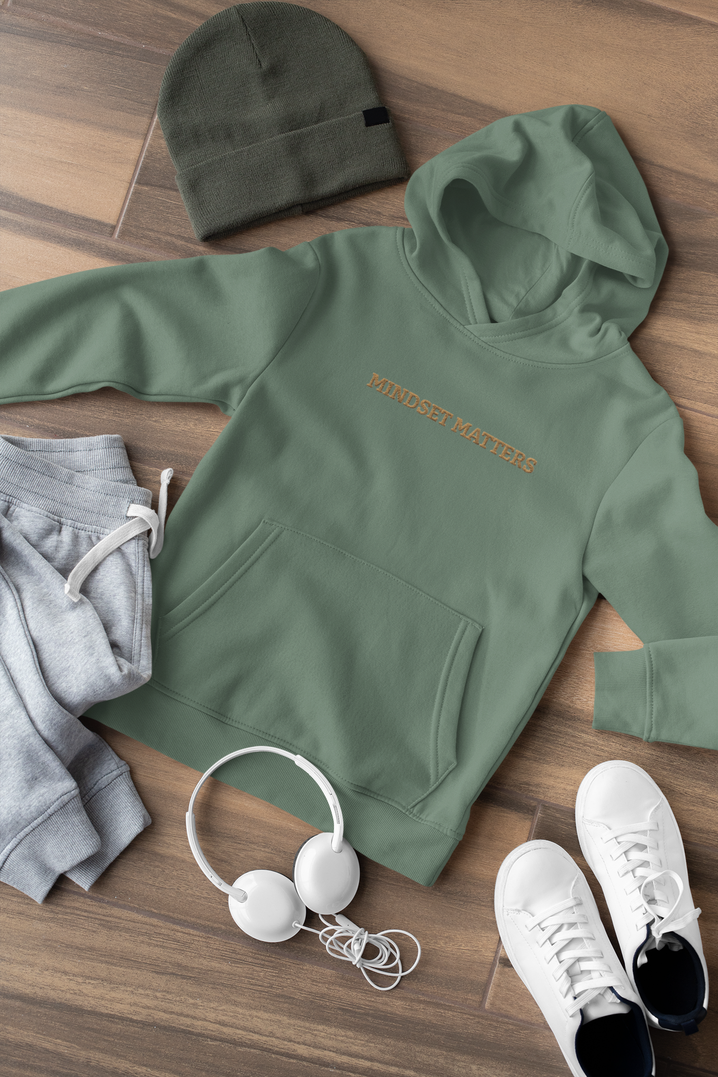 "MINDSET MATTERS" Design With Gold Embroidered Text. Classic Unisex Pullover Hoodie Premium Quality Original Clothing. Wear Your Motivation