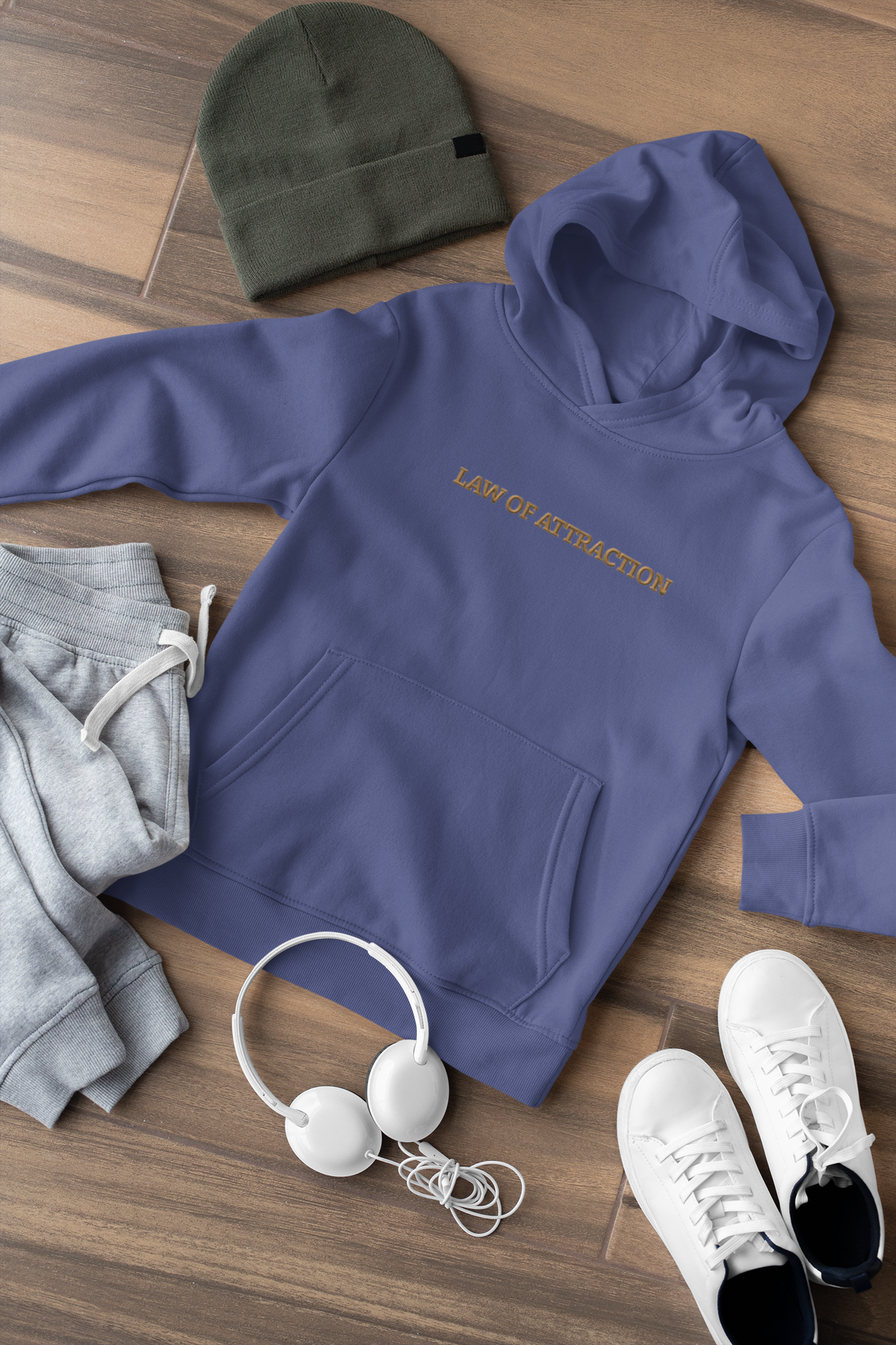 "LAW OF ATTRACTION" Design With Gold Embroidered Text. Classic Unisex Pullover Hoodie Premium Quality Original Clothing. Wear Your Motivation