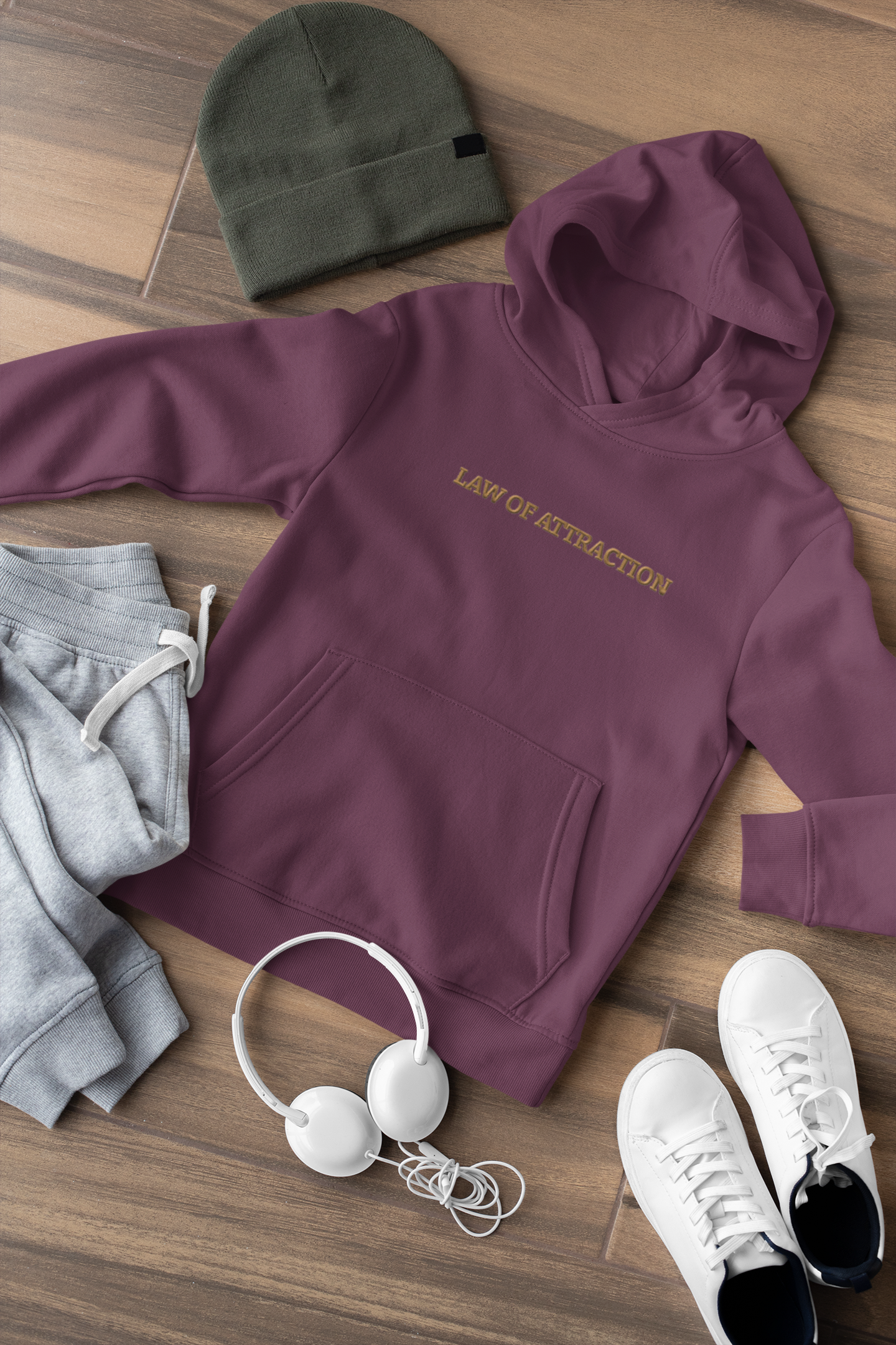 "LAW OF ATTRACTION" Design With Gold Embroidered Text. Classic Unisex Pullover Hoodie Premium Quality Original Clothing. Wear Your Motivation