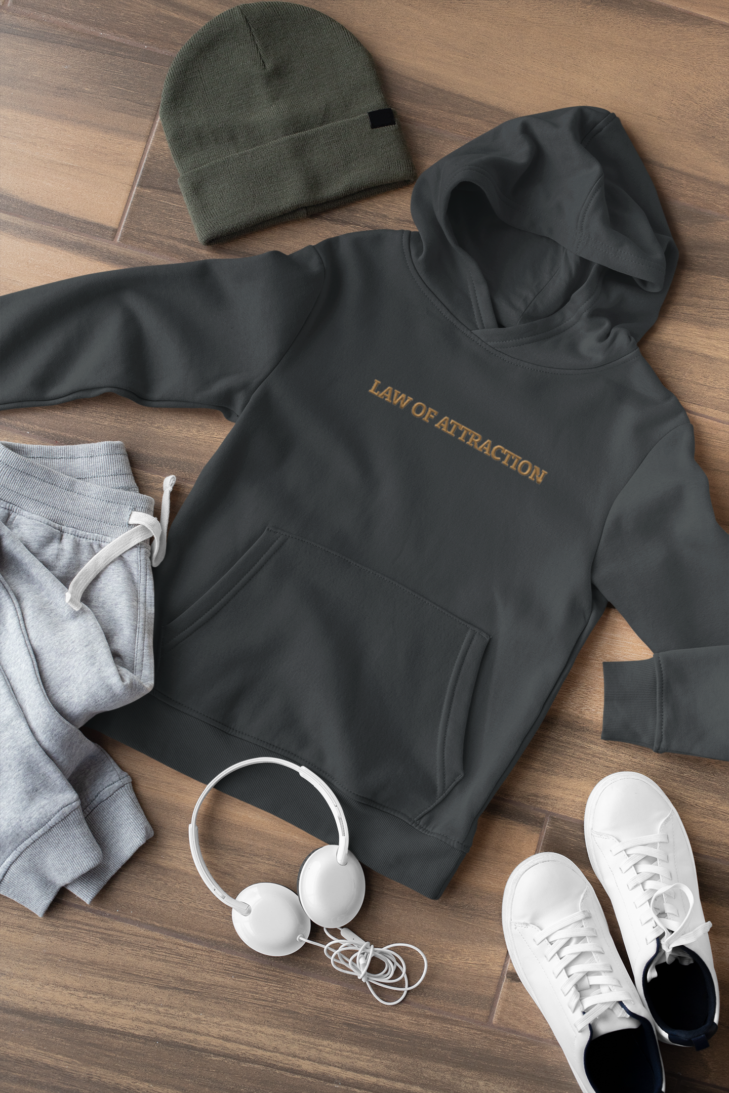 "LAW OF ATTRACTION" Design With Gold Embroidered Text. Classic Unisex Pullover Hoodie Premium Quality Original Clothing. Wear Your Motivation