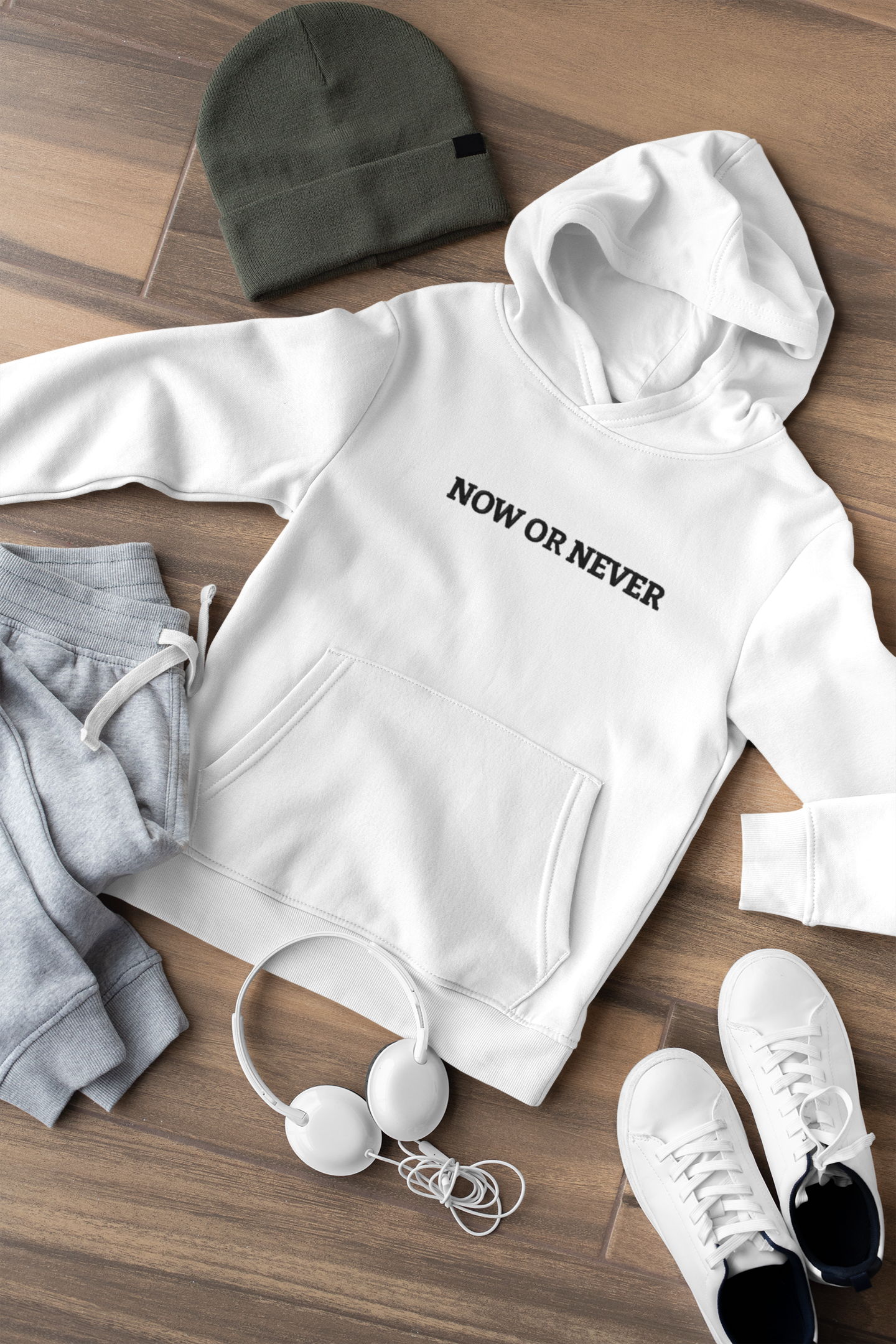 "NOW OR NEVER" Design With Black Embroidered Text. Classic Unisex Pullover Hoodie Premium Quality Original Clothing. Wear Your Motivation